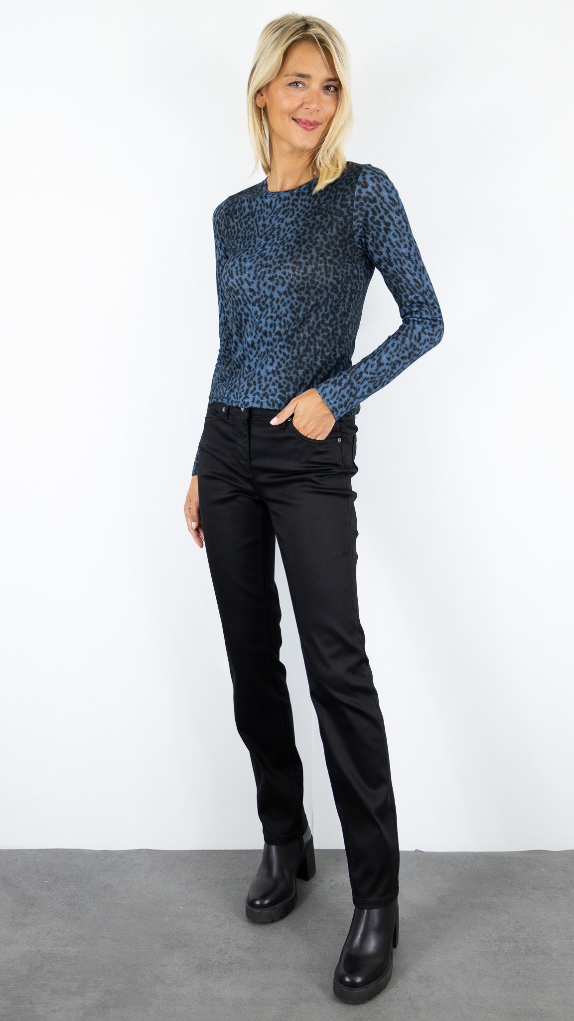 TEE-SHIRT COL ROND IMPRIME LEOPARD FEMME MAJESTIC FTS008 M491#COLOR_1000/BLEU SAFIR