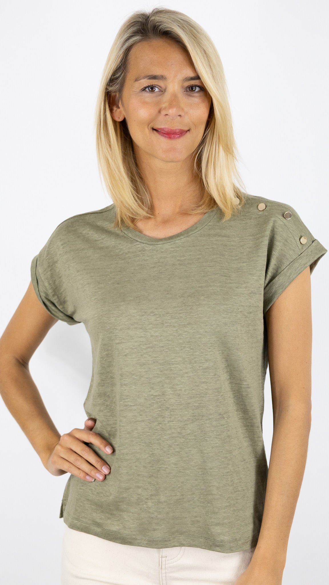 TEE SHIRT EN LIN MANCHES COURTES GERARD DAREL GIGI DBT29/B250#COLOR_50/KAKI