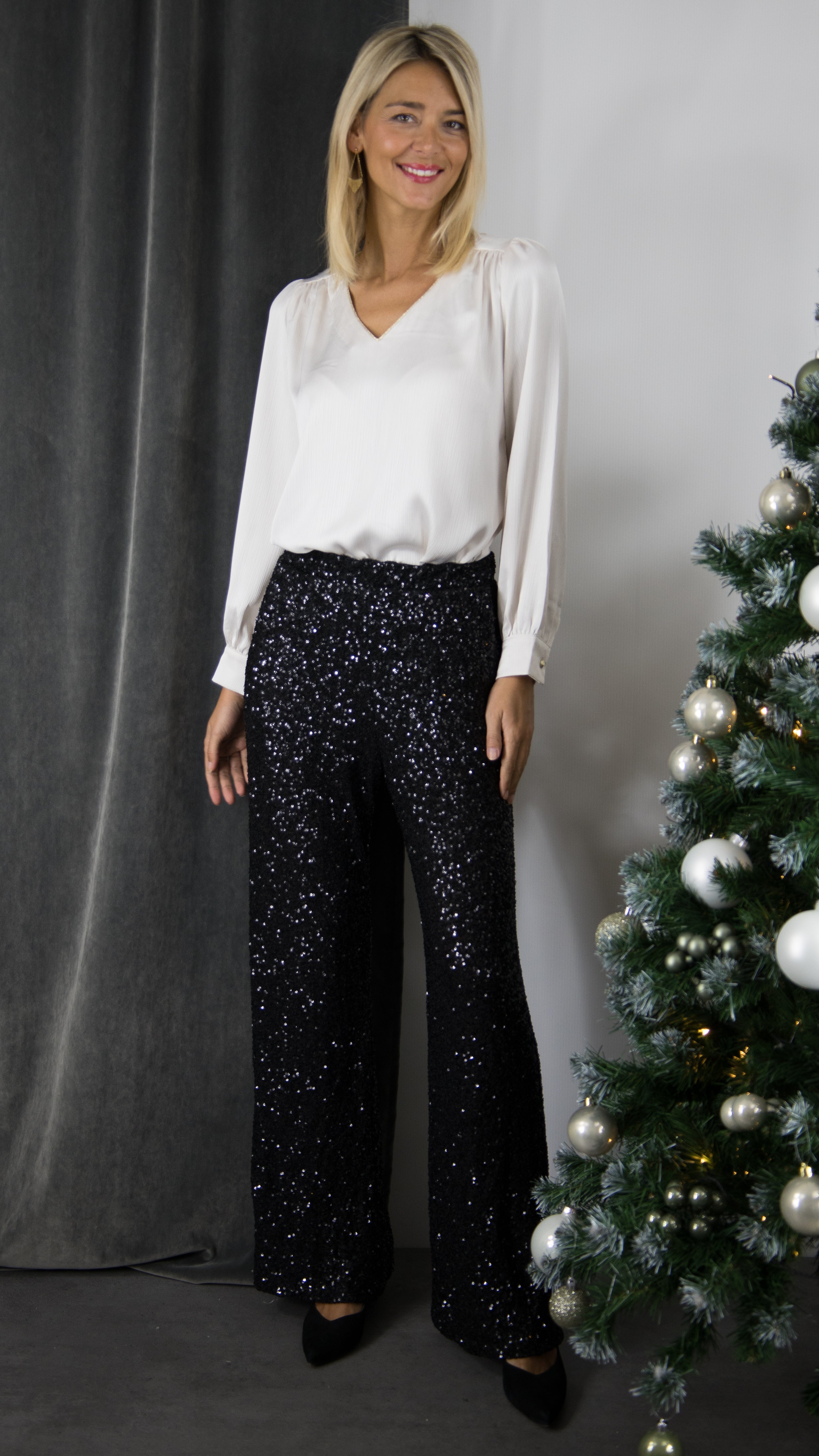 TOP FLUIDE SATINE AVEC COL LUREX POUR FEMME LULUMARY H696 ECRU