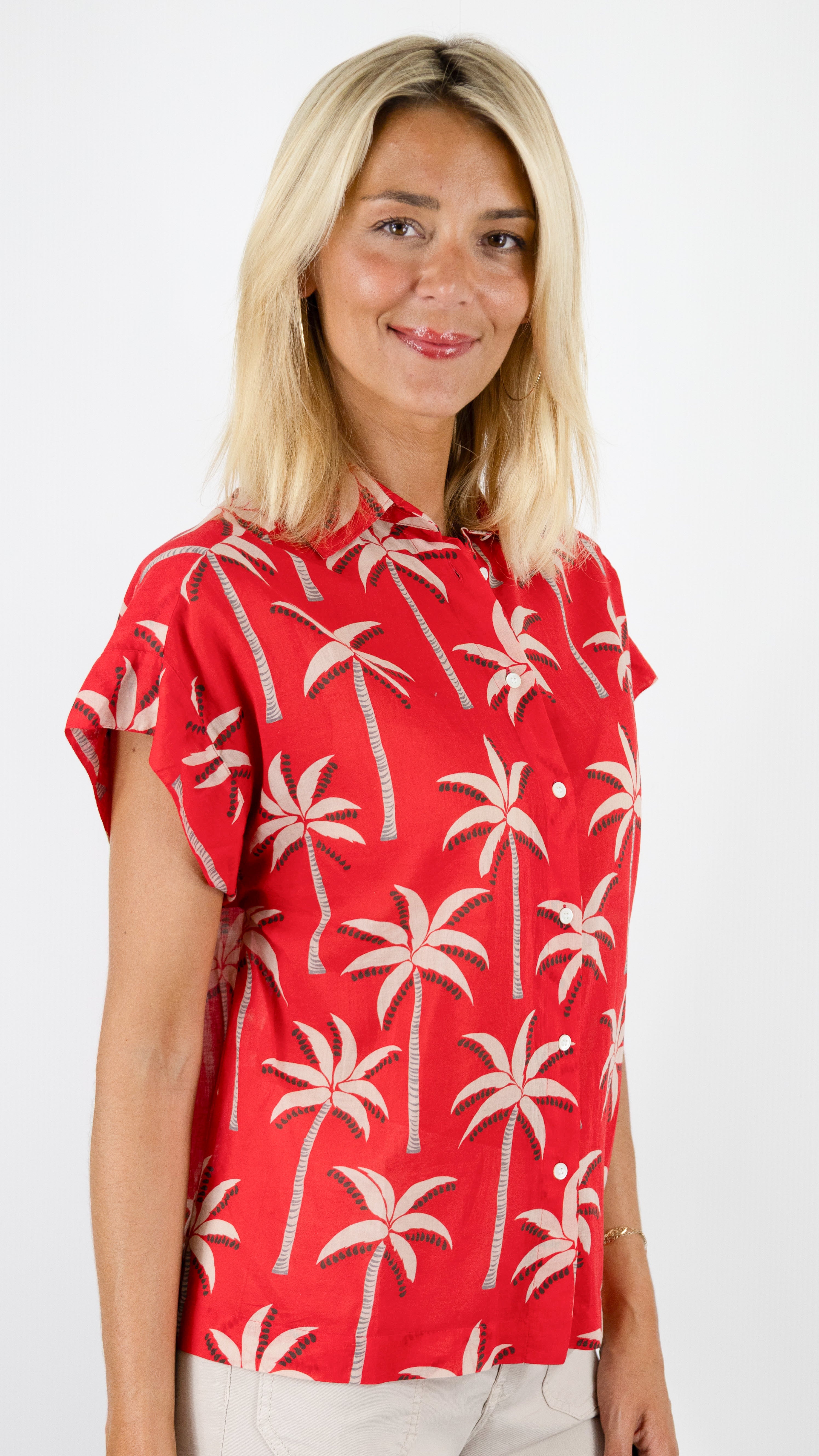 CHEMISE IMPRIME PALMIER MANCHES COURTES EN COTON POUR FEMME CET ETE HARTFORD CARLOS#COLOR_02/ROUGE