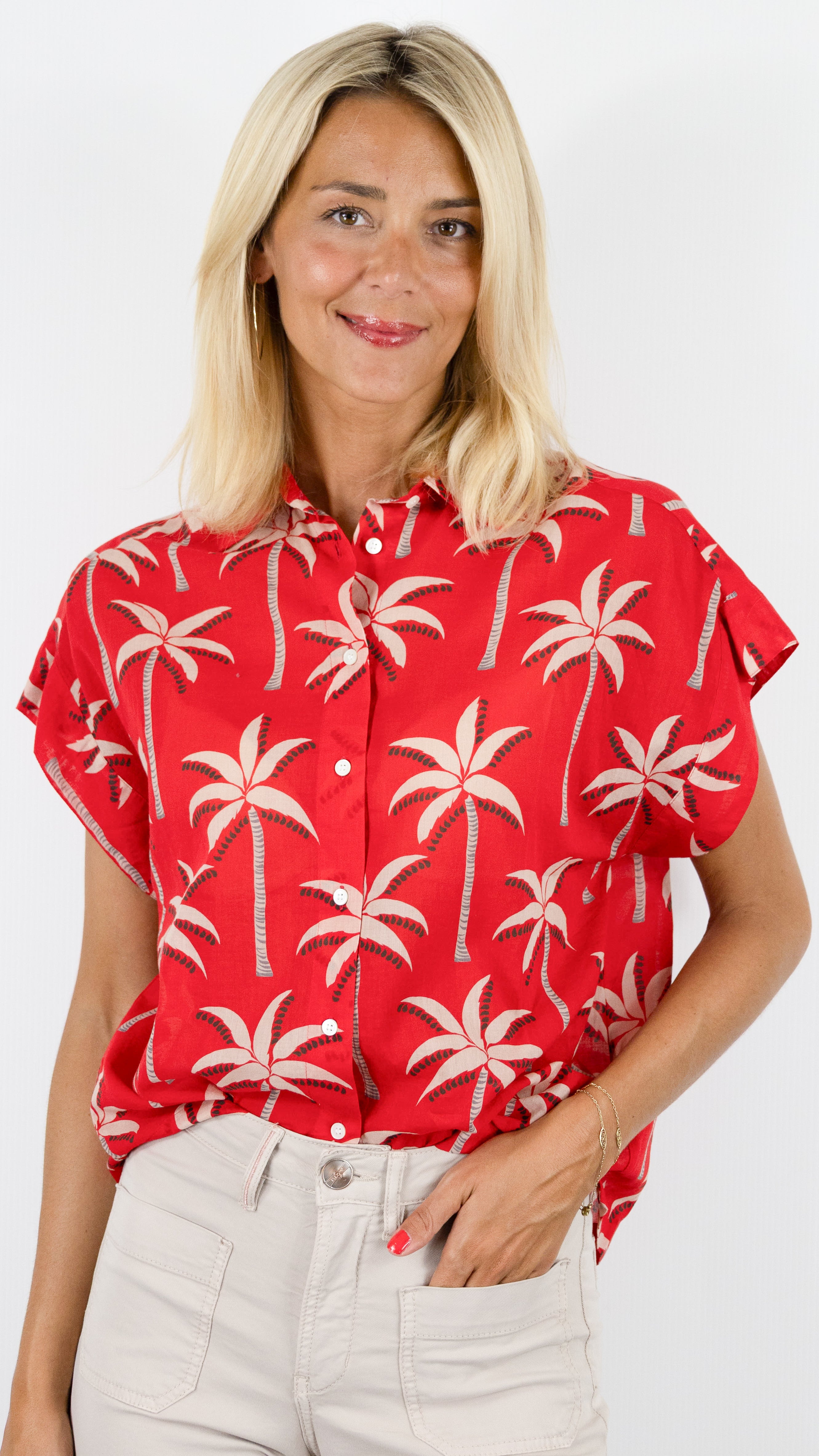 CHEMISE IMPRIME PALMIER MANCHES COURTES EN COTON POUR FEMME CET ETE HARTFORD CARLOS#COLOR_02/ROUGE