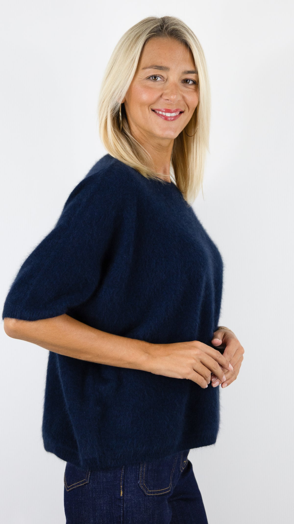 PULL AMPLE COL ROND MANCHES COURTES EN RACCOON POUR FEMME ESTHEME JF4W059R-1#COLOR_53370/NUIT MARINE