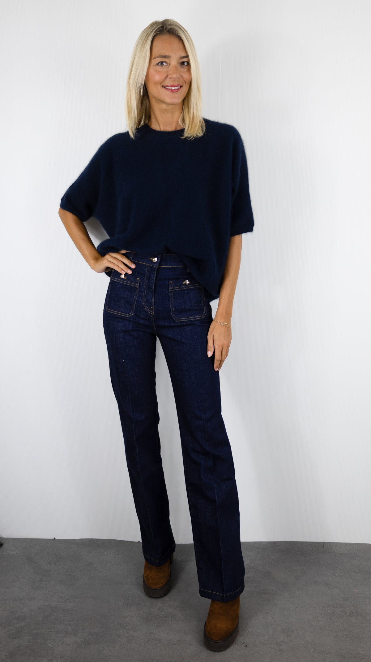PULL AMPLE COL ROND MANCHES COURTES EN RACCOON POUR FEMME ESTHEME JF4W059R-1#COLOR_53370/NUIT MARINE
