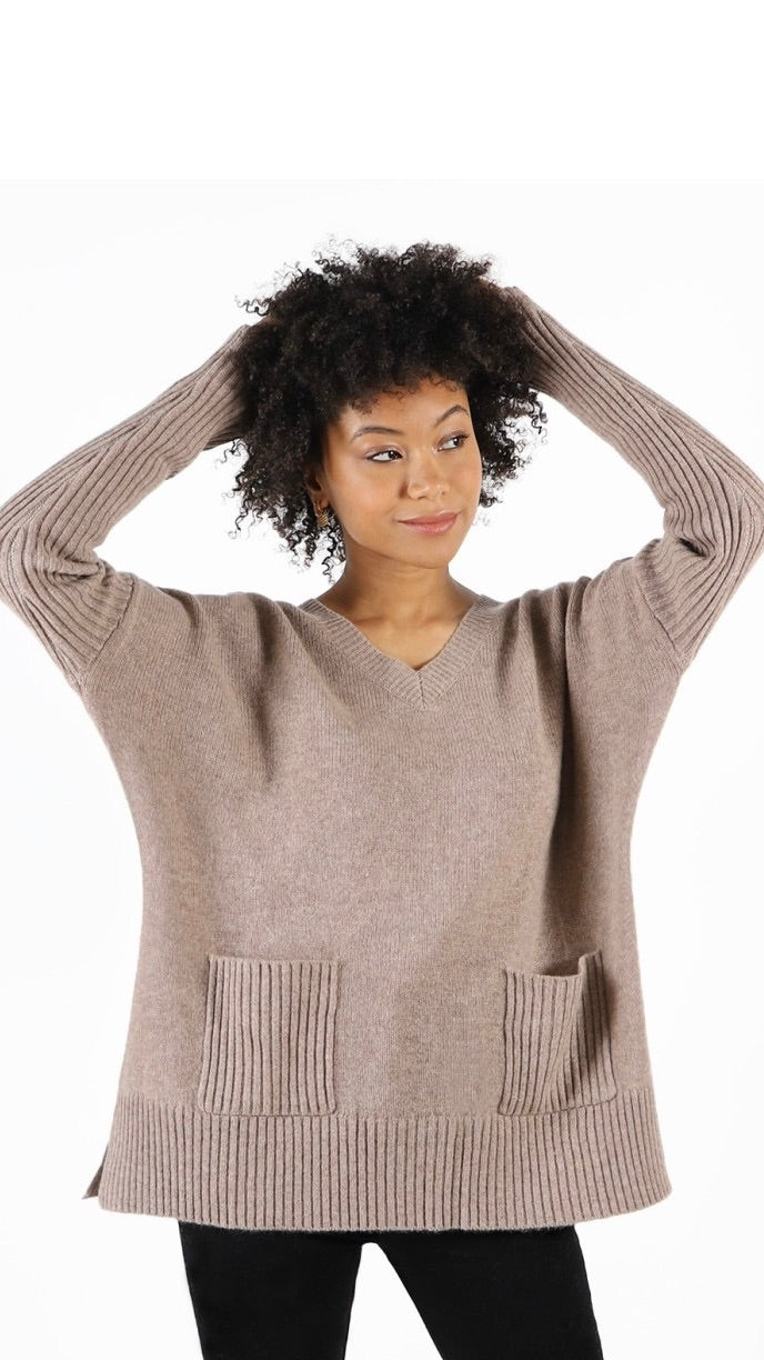 PULL V OVERSIZE JARDIN PRIVE PU1699 CHATAIGNE