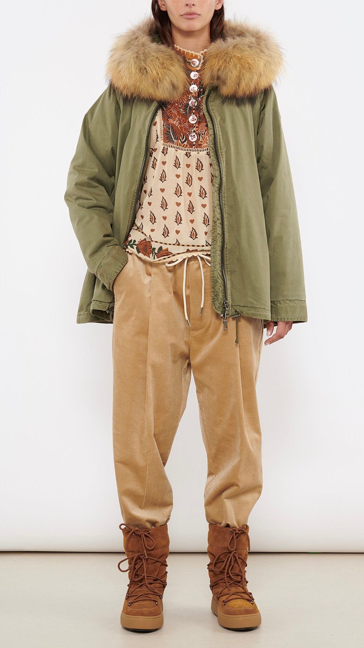 PARKA COURTE EVASEE FOURRURE COL BLONDE N°8 RENNES 515 KAKI CLAIR