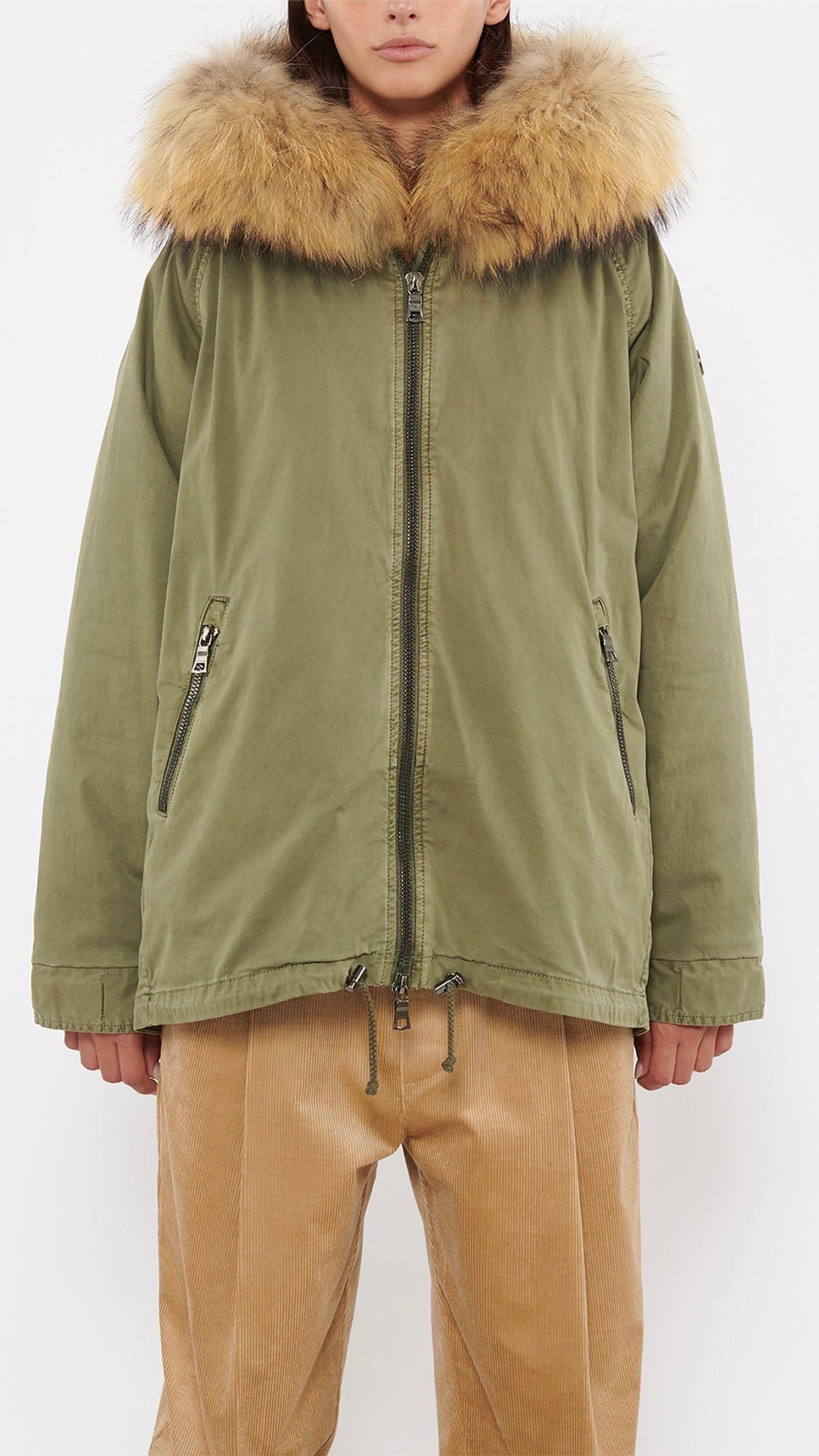 PARKA COURTE EVASEE FOURRURE COL BLONDE N°8 RENNES 515 KAKI CLAIR