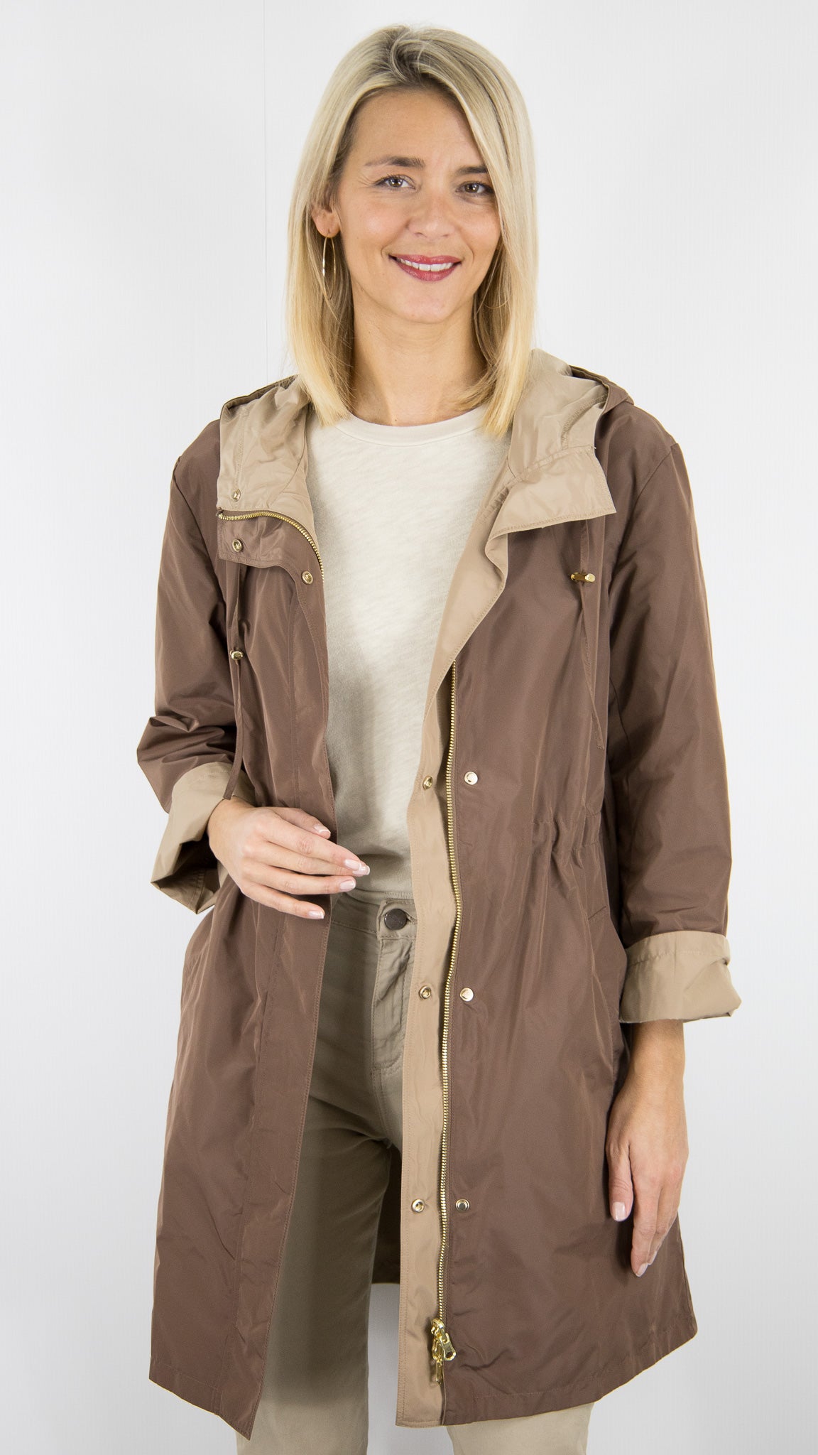 PARKA IMPER A CAPUCHE REVERSIBLE POUR FEMME CAMEL ET CHOCO GERARD DAREL JANNIS