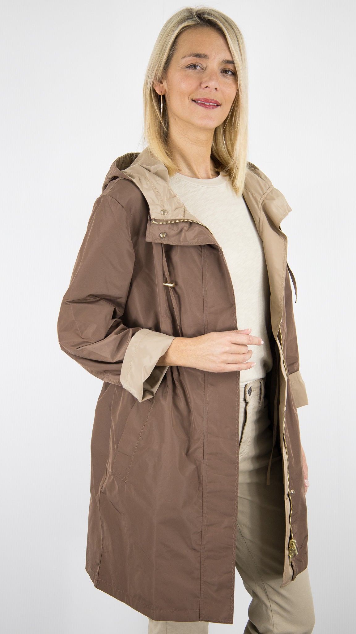 PARKA IMPER A CAPUCHE REVERSIBLE POUR FEMME CAMEL ET CHOCO GERARD DAREL JANNIS