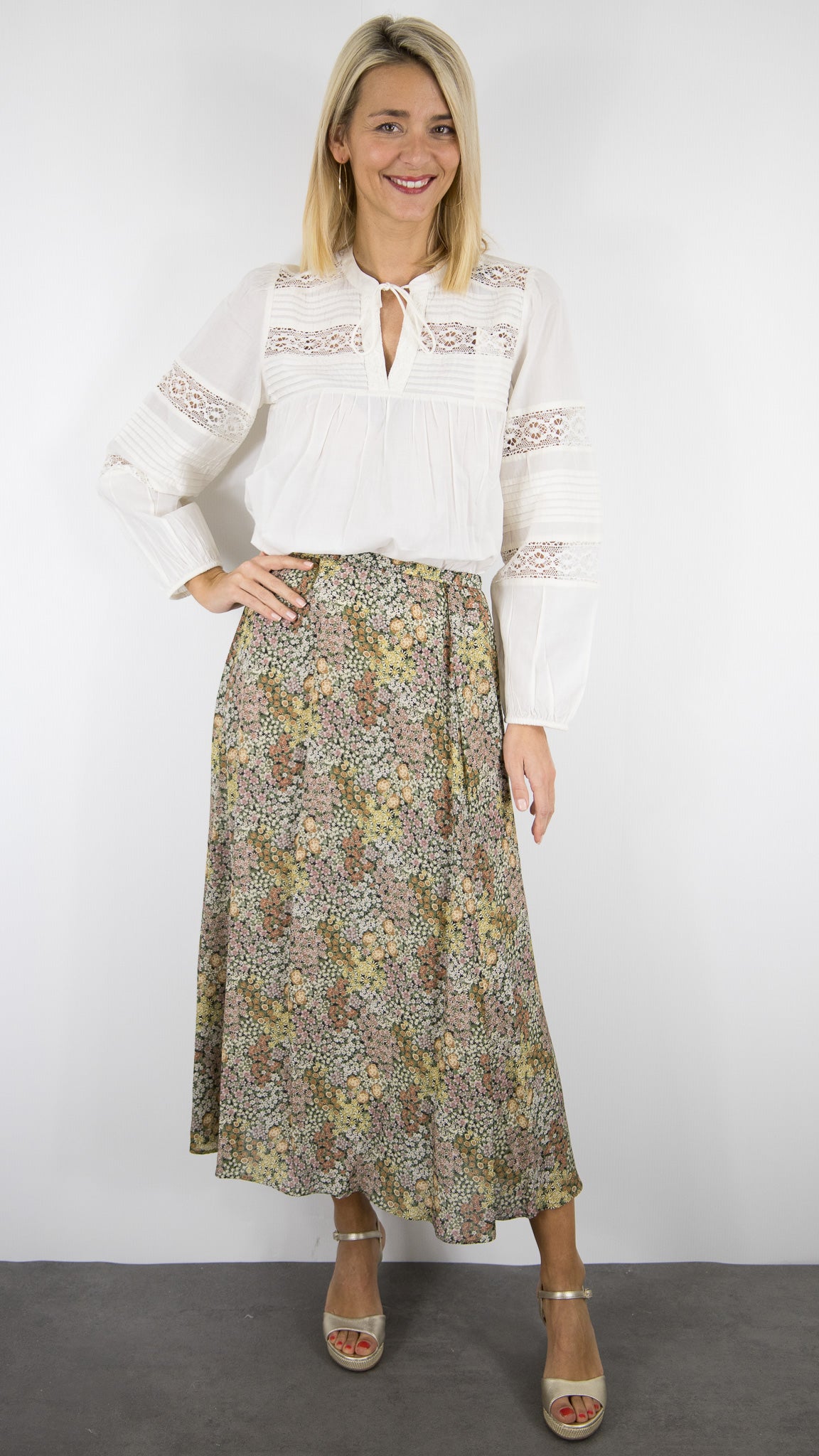 JUPE D'ETE LONGUE FLUIDE IMPRIME A FLEURS KAKI ROSE GERARD DAREL JASMYNE