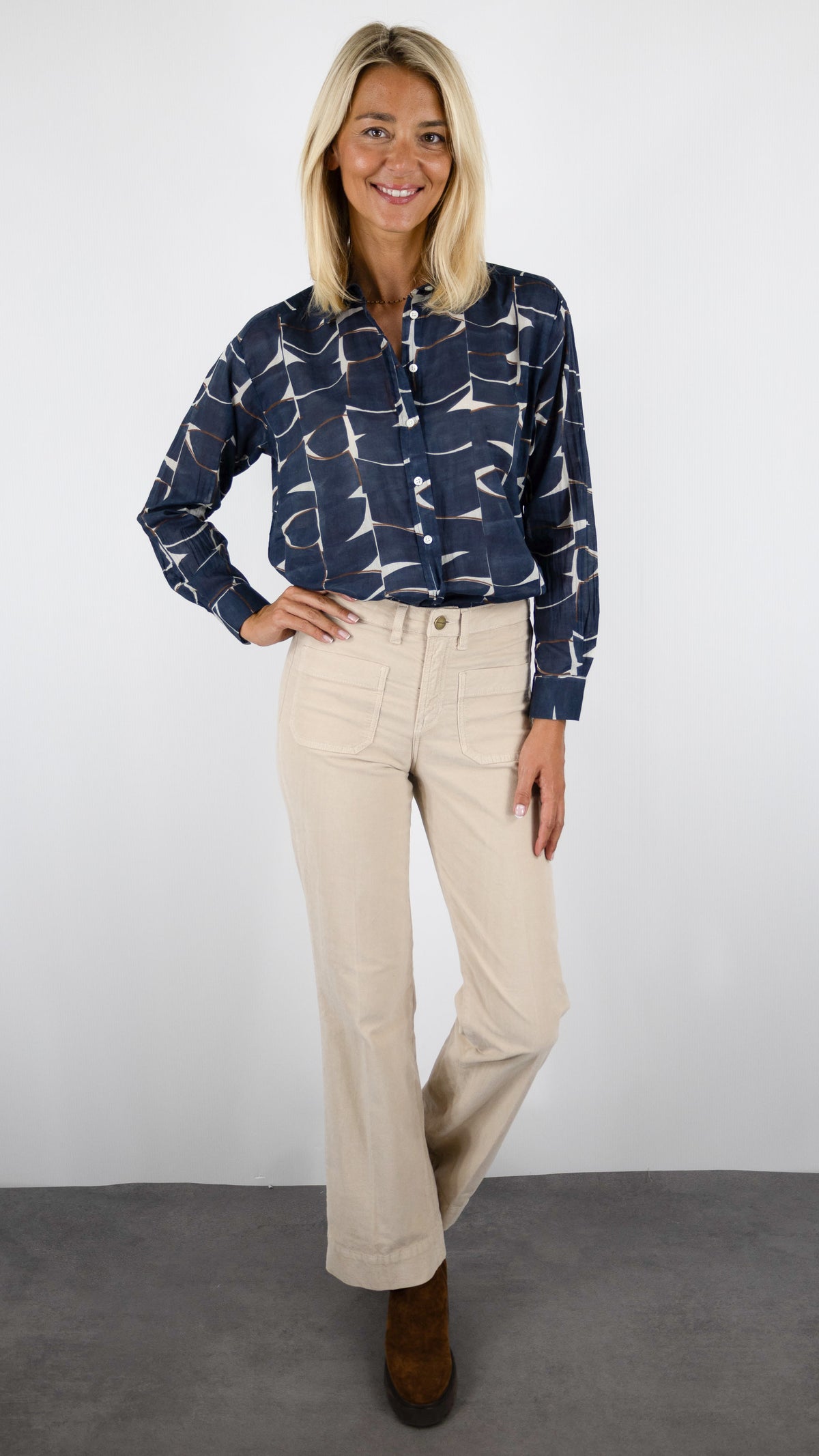 PANTALON LONG EVASE EN VELOURS POUR FEMME DENIM STUDIO JOSH PALATINE CORD#COLOR_CREME/SABLE