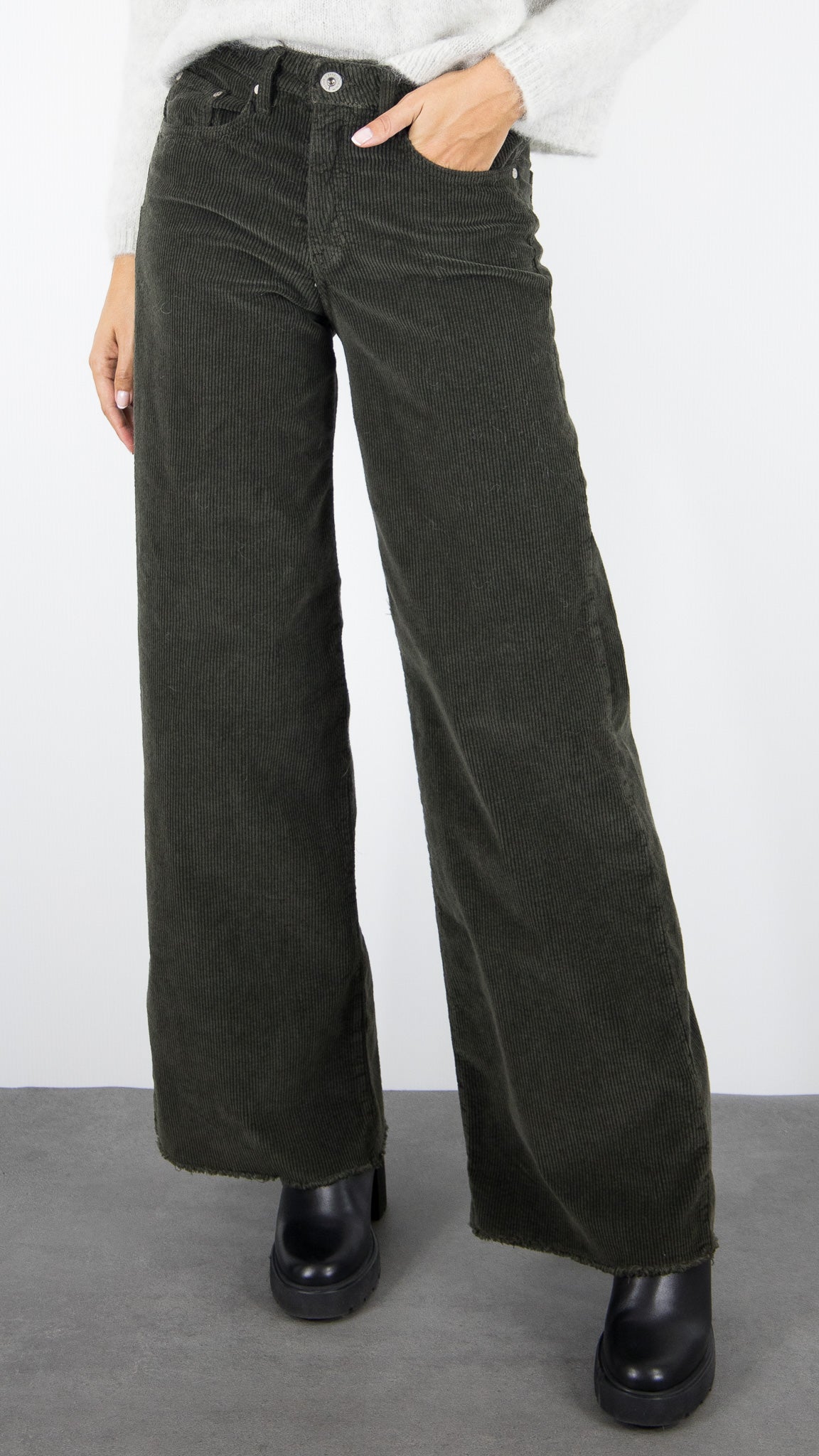 PANTALON LARGE EN VELOURS TAILLE HAUTE BAS FRANGE FEMME ARMY KAKI DENIM STUDIO JUDE ORIGINAL CORD