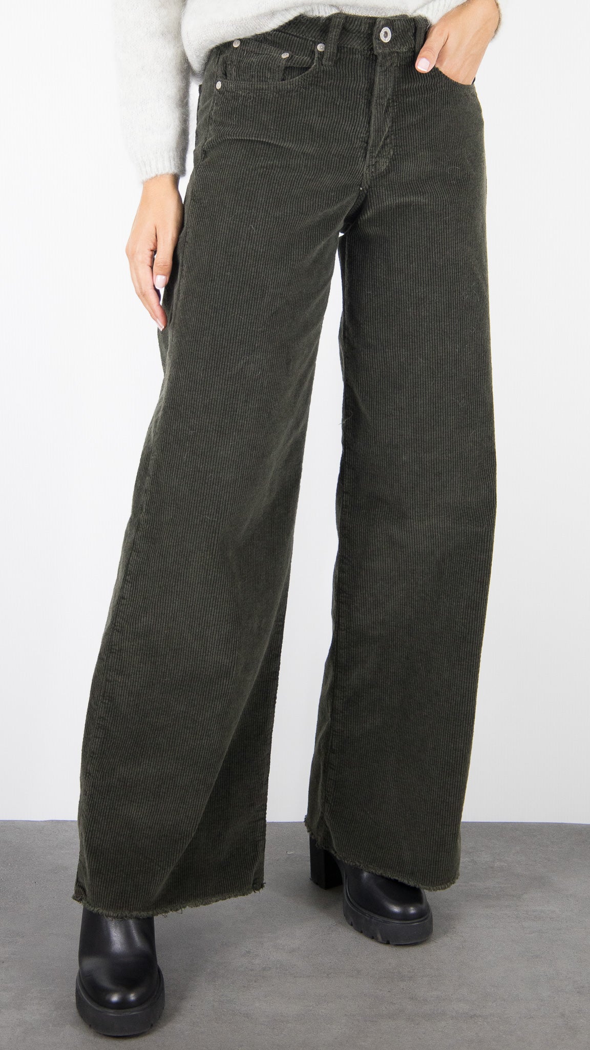 PANTALON LARGE EN VELOURS TAILLE HAUTE BAS FRANGE FEMME ARMY KAKI DENIM STUDIO JUDE ORIGINAL CORD