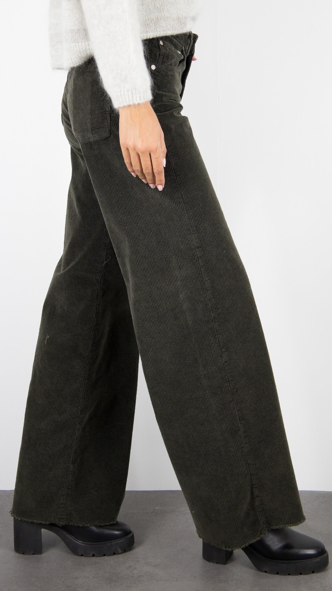 PANTALON LARGE EN VELOURS TAILLE HAUTE BAS FRANGE FEMME ARMY KAKI DENIM STUDIO JUDE ORIGINAL CORD