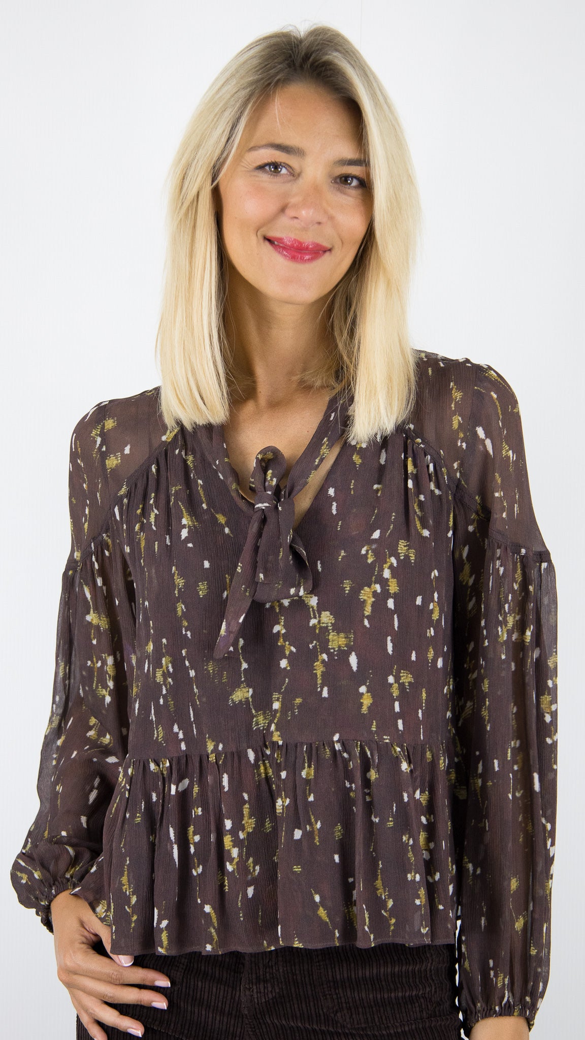 BLOUSE NOUETTE FLUIDE IMPRIME PLUMETIS CHOCOLAT BA&SH KAMALA