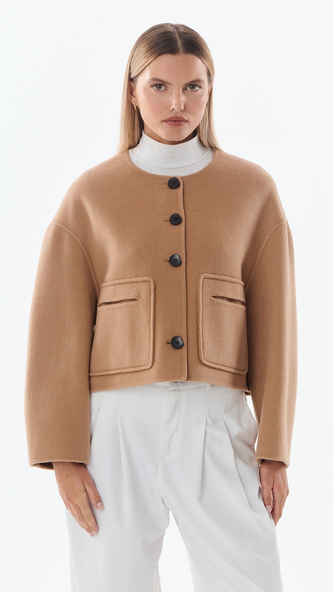 VESTE COURTE EN LAINE TISSU DOUBLE FACE POUR FEMME GIOVANNI KAREN#COLOR_CAMEL