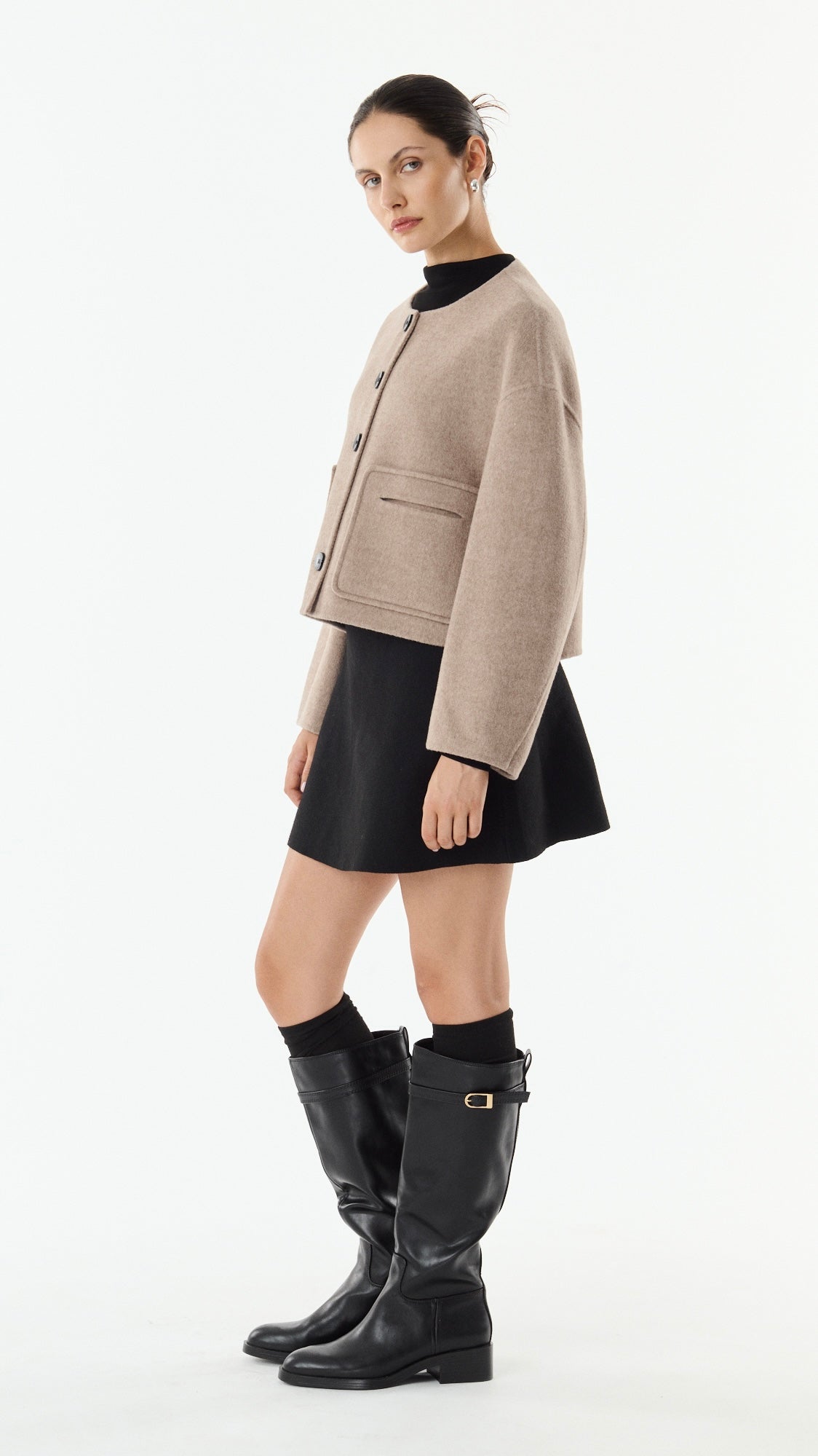 VESTE COURTE EN LAINE TISSU DOUBLE FACE POUR FEMME GIOVANNI KAREN#COLOR_TAUPE