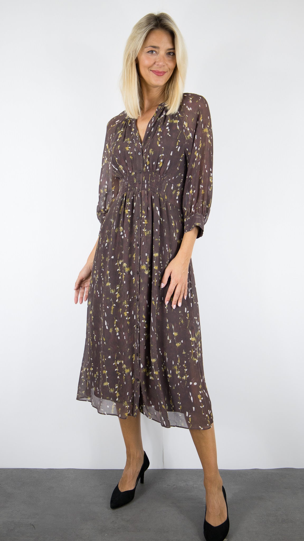 ROBE MIDI FLUIDE IMPRIME PLUMETIS CHOCOLAT BA&SH KARLA