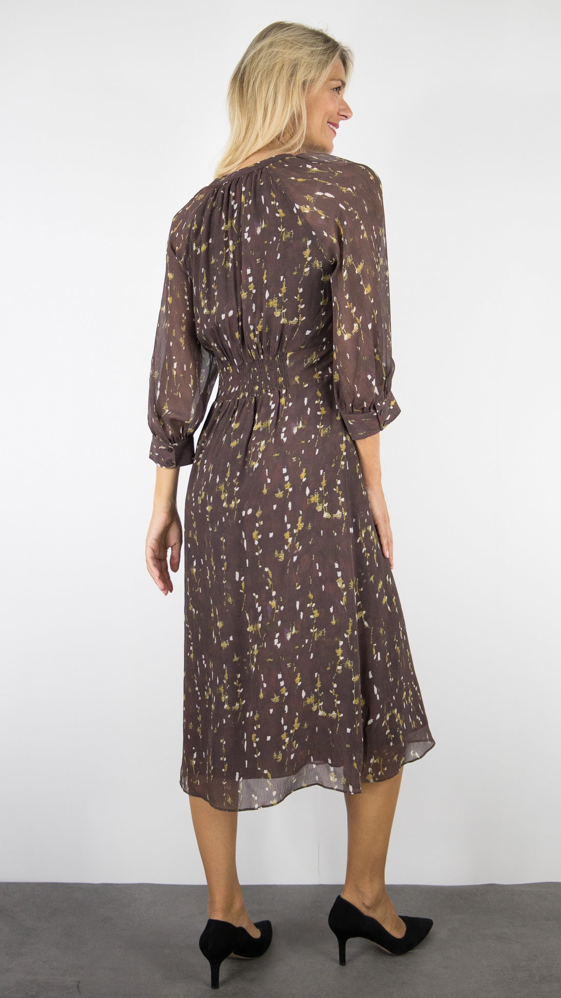 ROBE MIDI FLUIDE IMPRIME PLUMETIS CHOCOLAT BA&SH KARLA