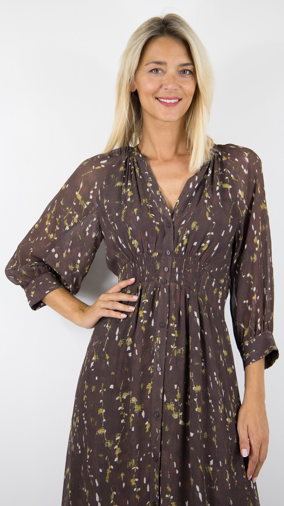 ROBE MIDI FLUIDE IMPRIME PLUMETIS CHOCOLAT BA&SH KARLA