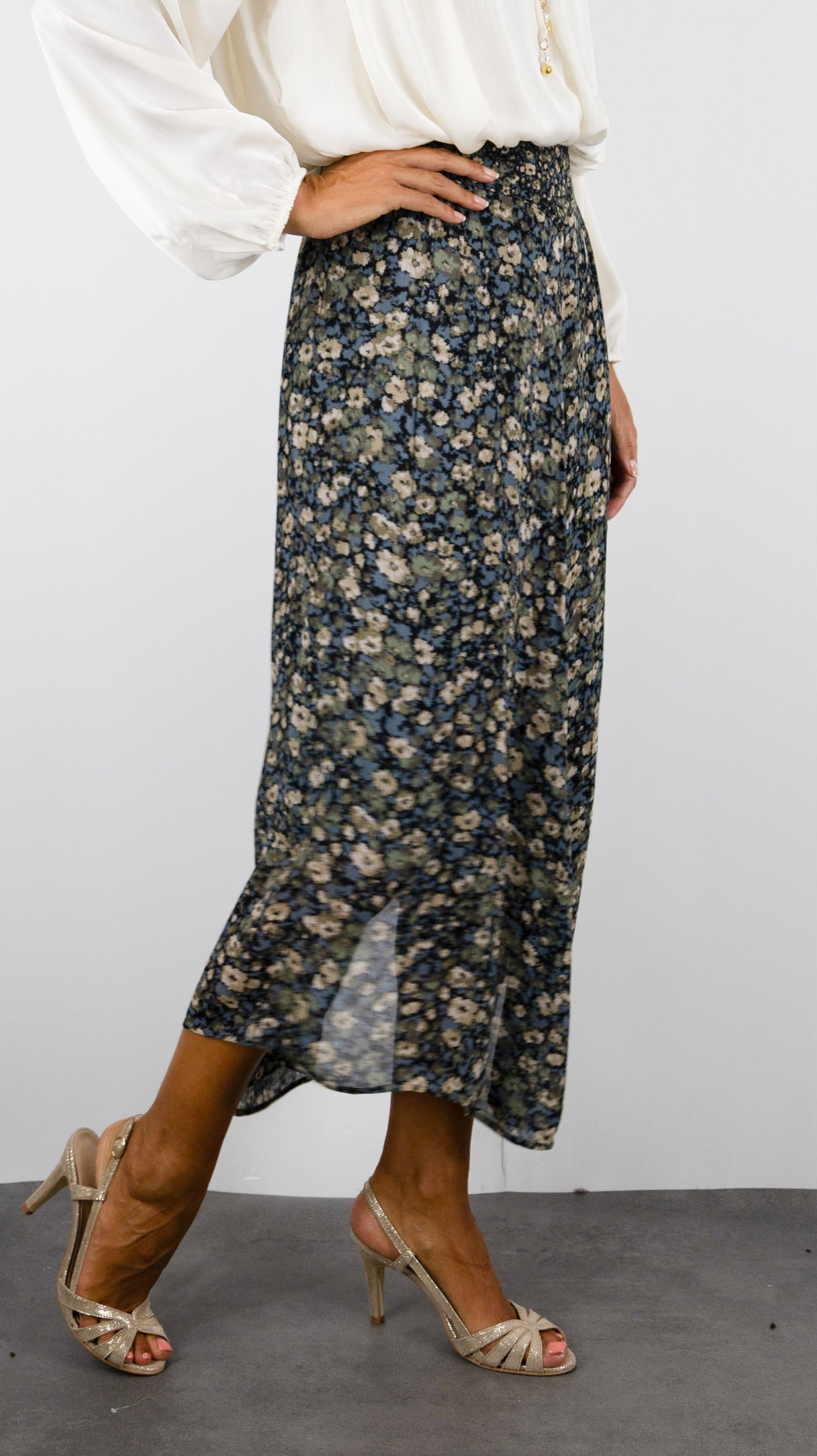 JUPE FLUIDE FLEURIE BASH KLAP#COLOR_KAKI
