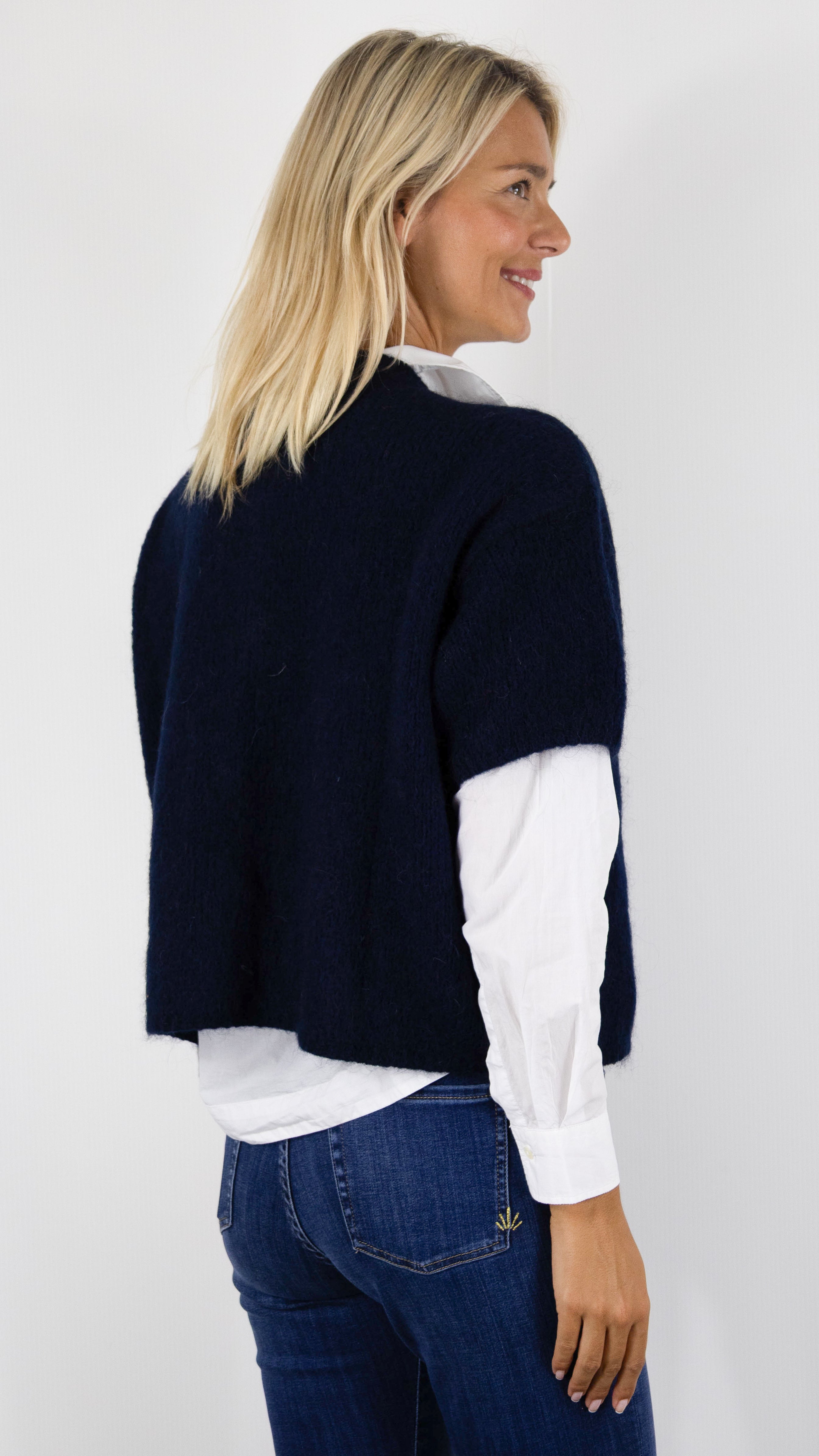CARDIGAN COURT MANCHES COURTES EN KID MOHAIR POUR FEMME NAIS KM25037#COLOR_MARINE