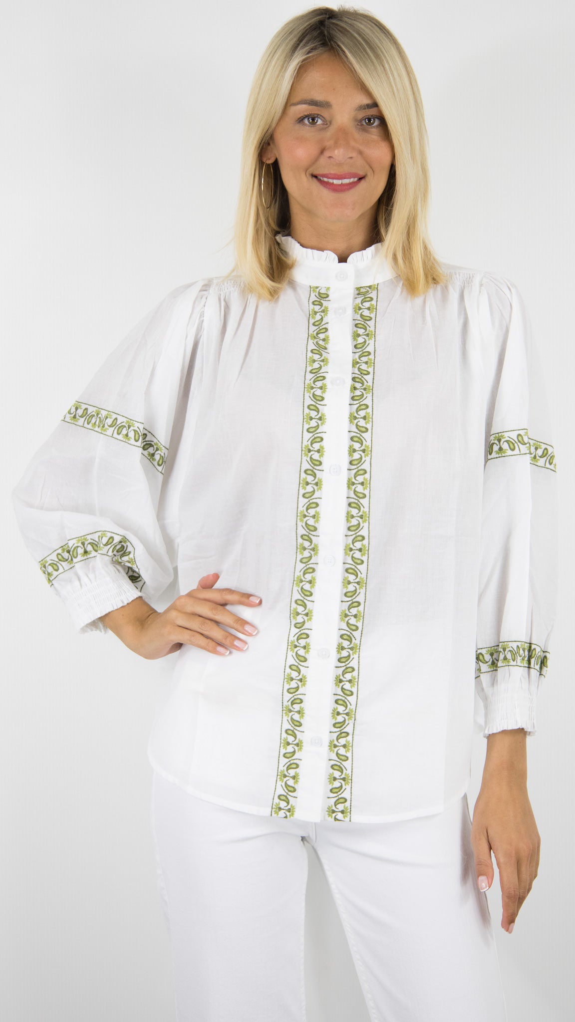 BLOUSE BRODEE EN COTON #COLOR_VERT