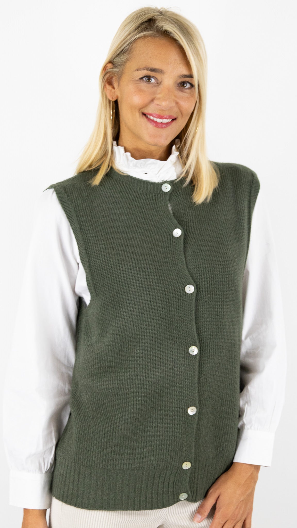 GILET LONG BOUTONNE SANS MANCHES ALEXANDRE LAURENT L8426#COLOR_MILITAIRE/KAKI