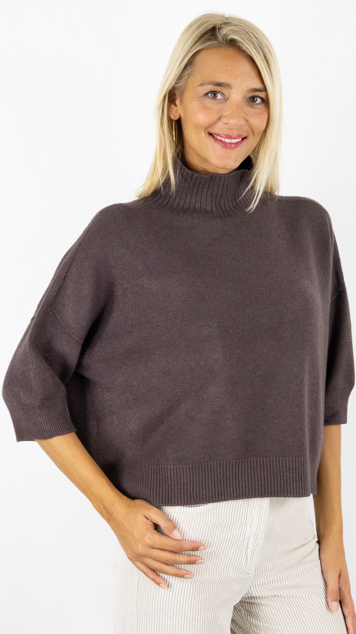 PULL COL CHEMINEE MANCHES 3/4 ALEXANDRE LAURENT L8427#COLOR_FRENCH/CHOCO
