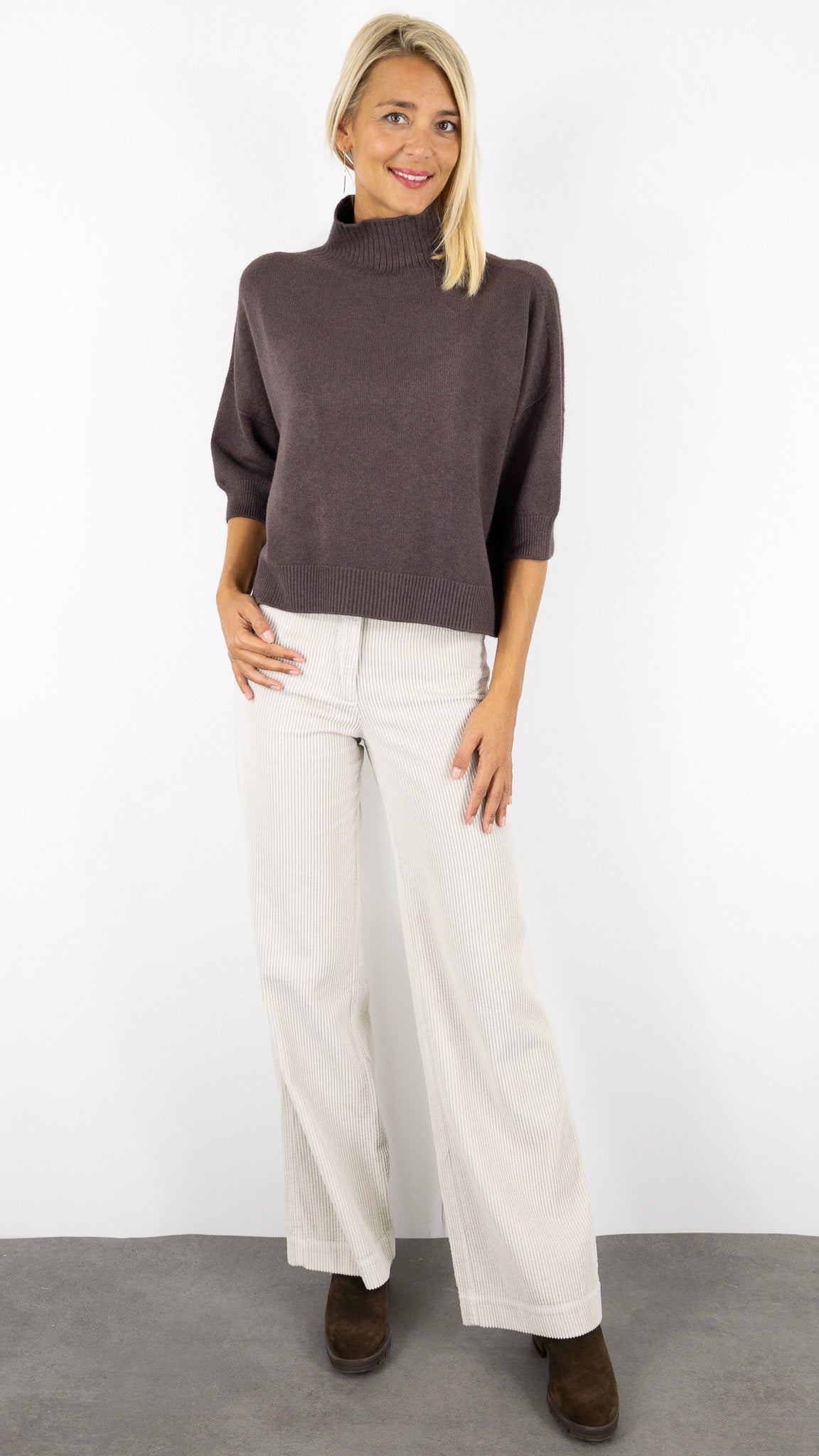 PULL COL CHEMINEE MANCHES 3/4 ALEXANDRE LAURENT L8427#COLOR_FRENCH/CHOCO