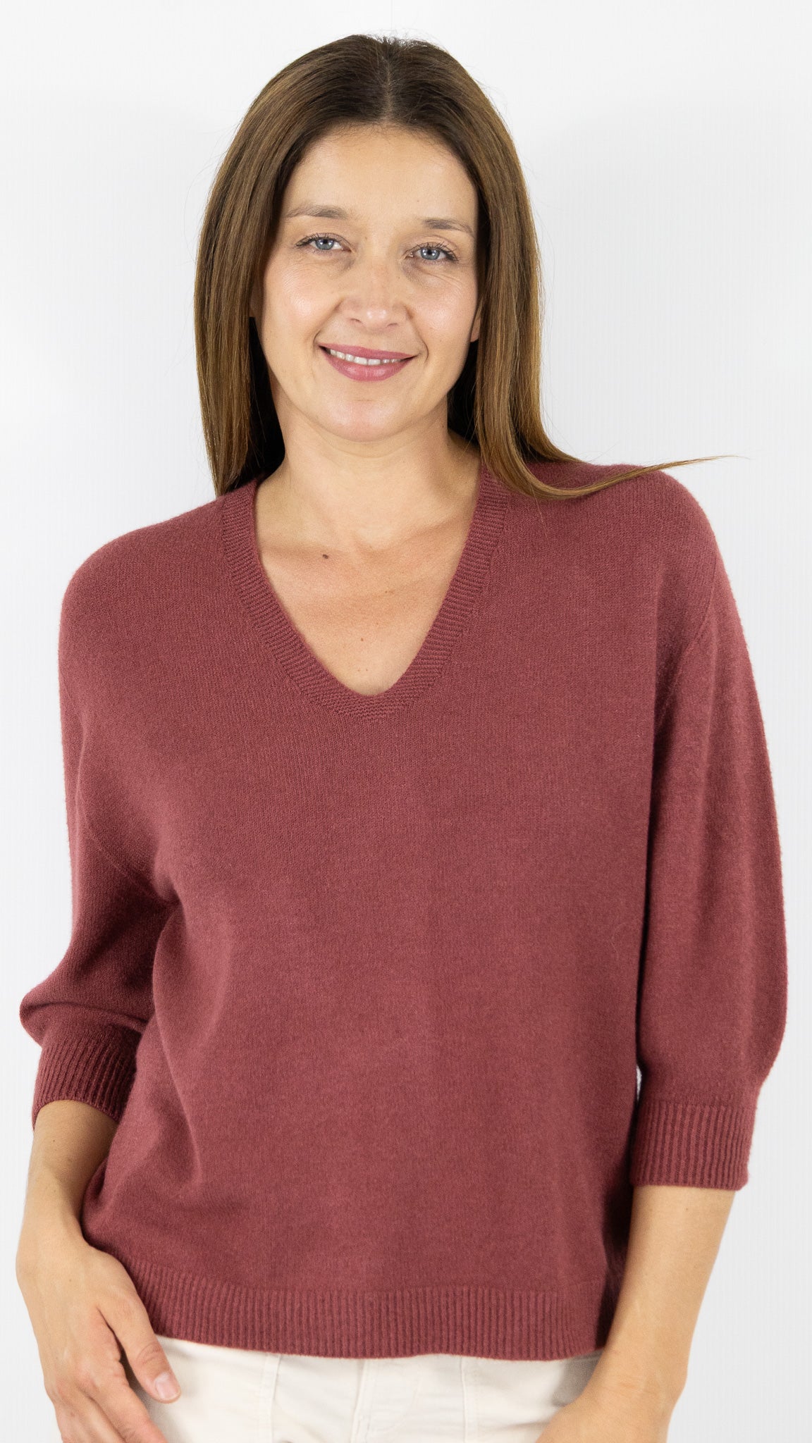 PULL V MANCHES 3/4 ALEXANDRE LAURENT L8434#COLOR_CHILI/BRIQUE