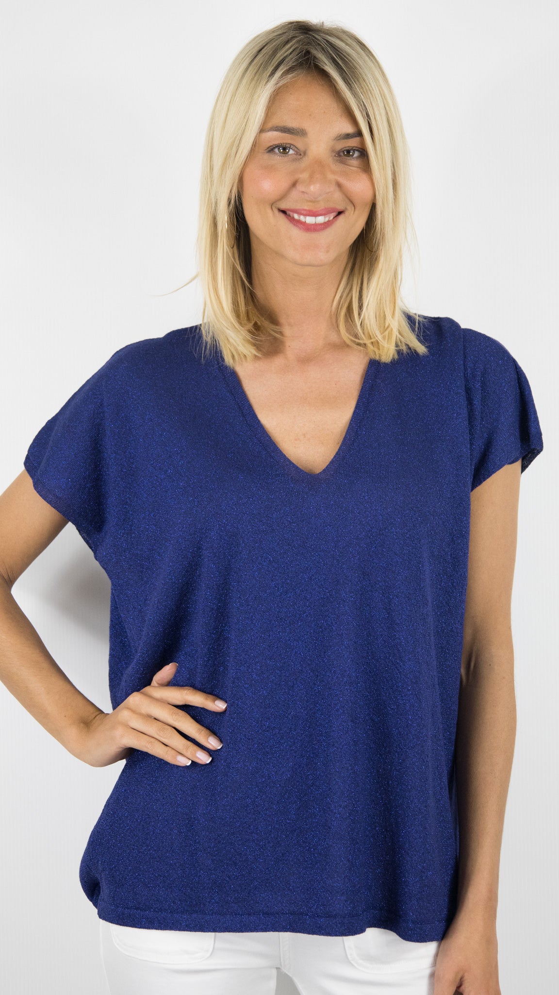 PULL A PAILLETTES DORE COL V MANCHES COURTES AN'GE LANDREW#COLOR_MARINE