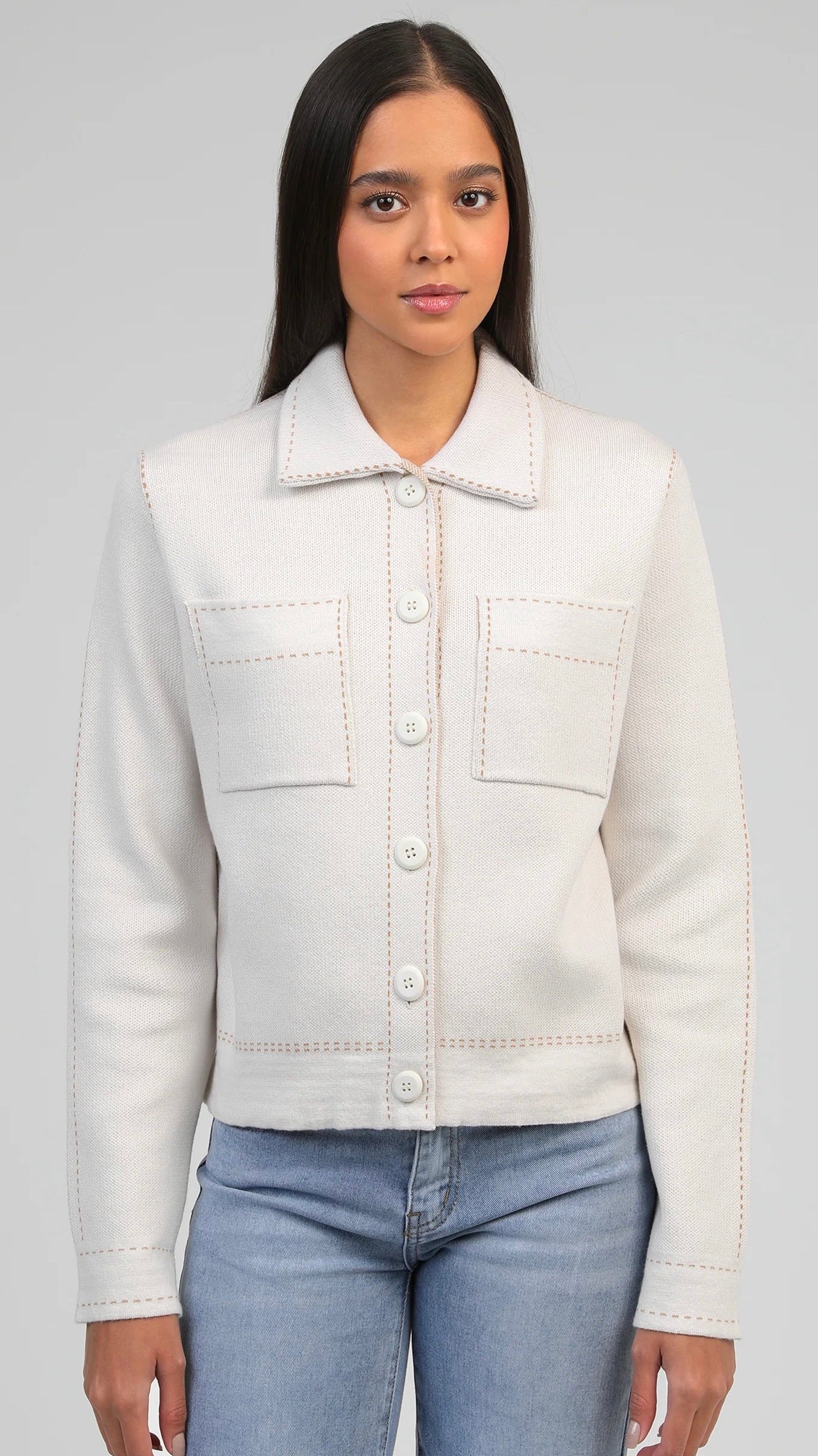 GILET CARDIGAN COL POLO EN COTON AN'GE LECLINT#COLOR_ECRU
