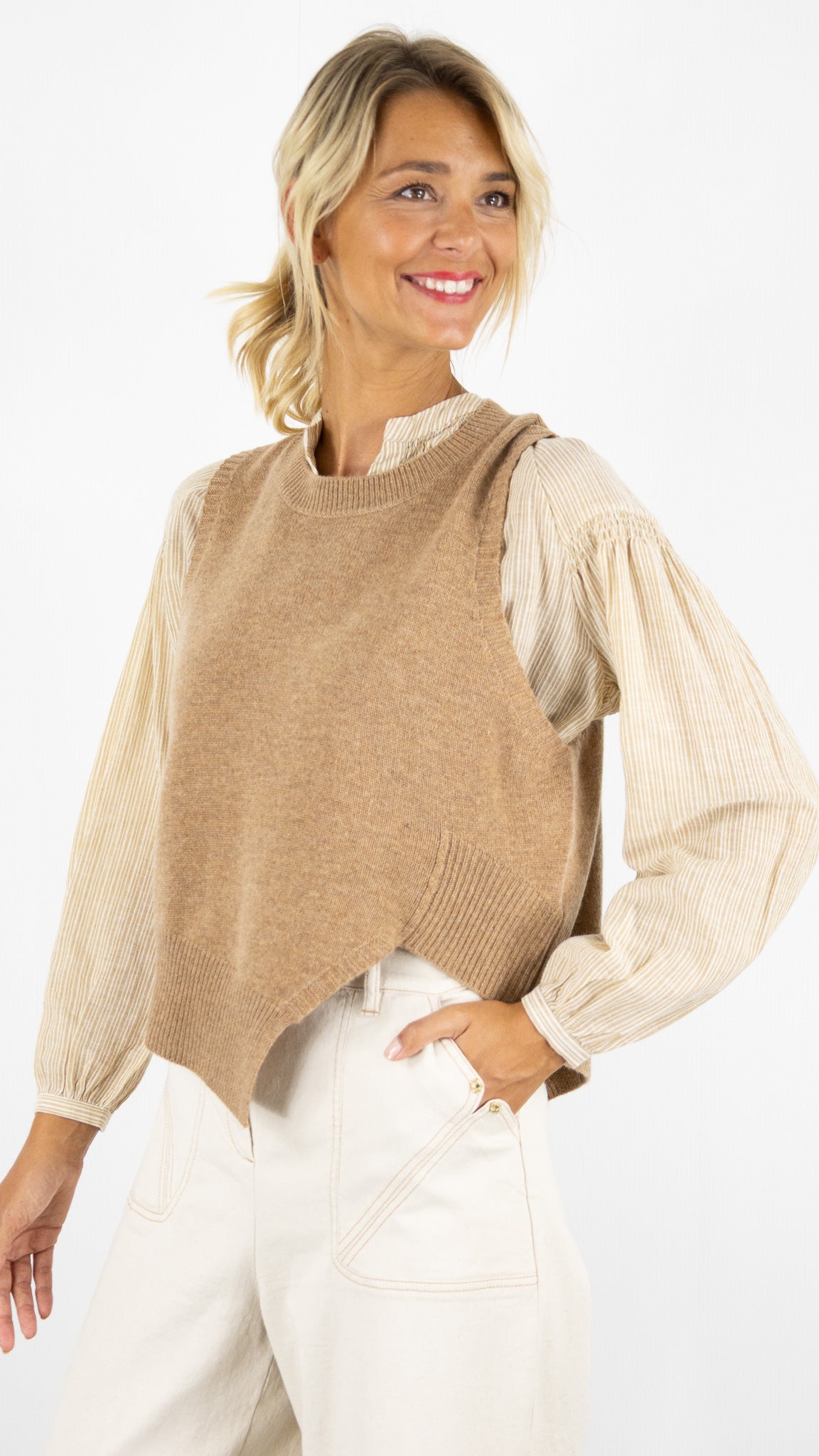PULL SANS MANCHES DESTRUCTURE EN CACHEMIRE FEMME NOT SHY LEIRE#COLOR_CAMEL CHINE