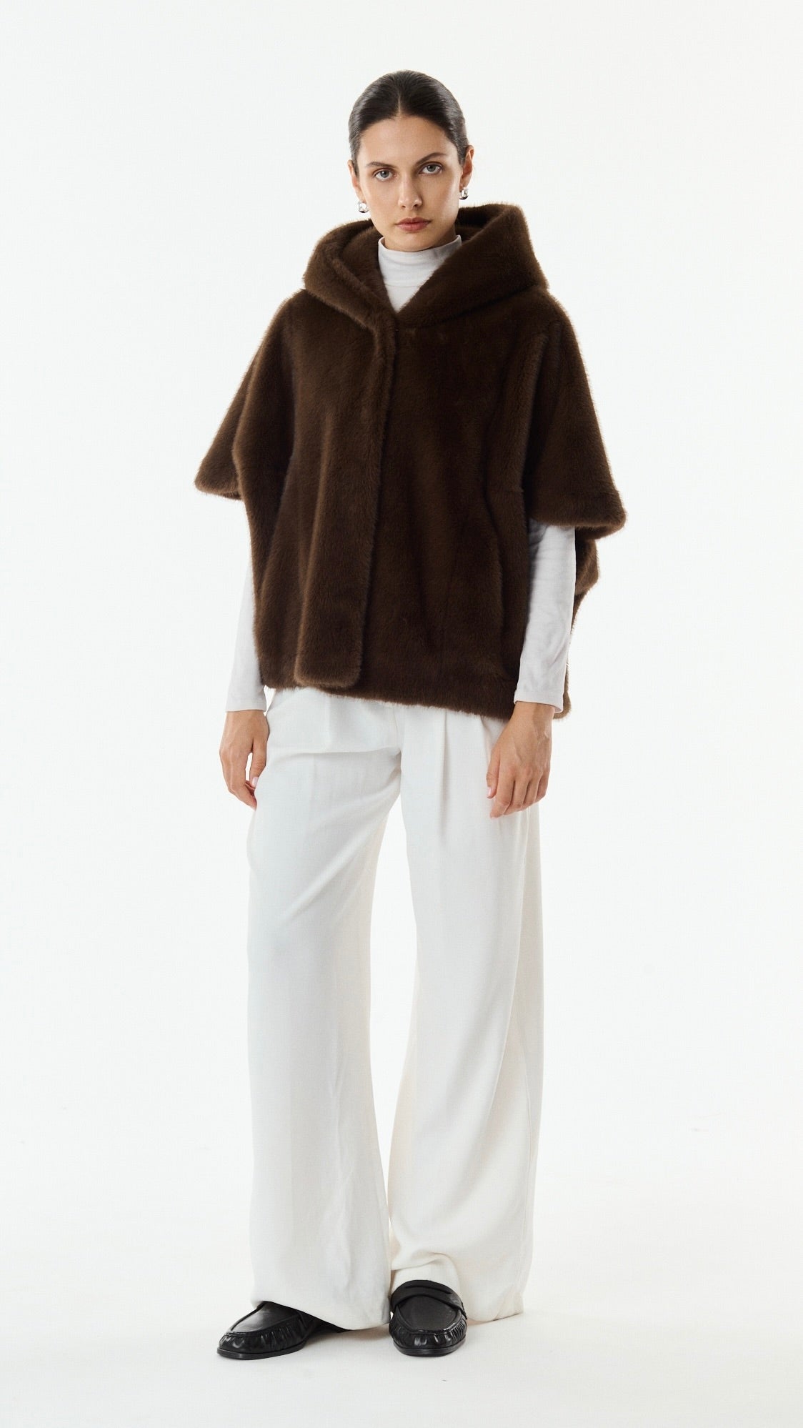 CAPE EN FAUSSE FOURRURE A CAPUCHE POUR FEMME GIOVANNI LEONIE#COLOR_MARRON