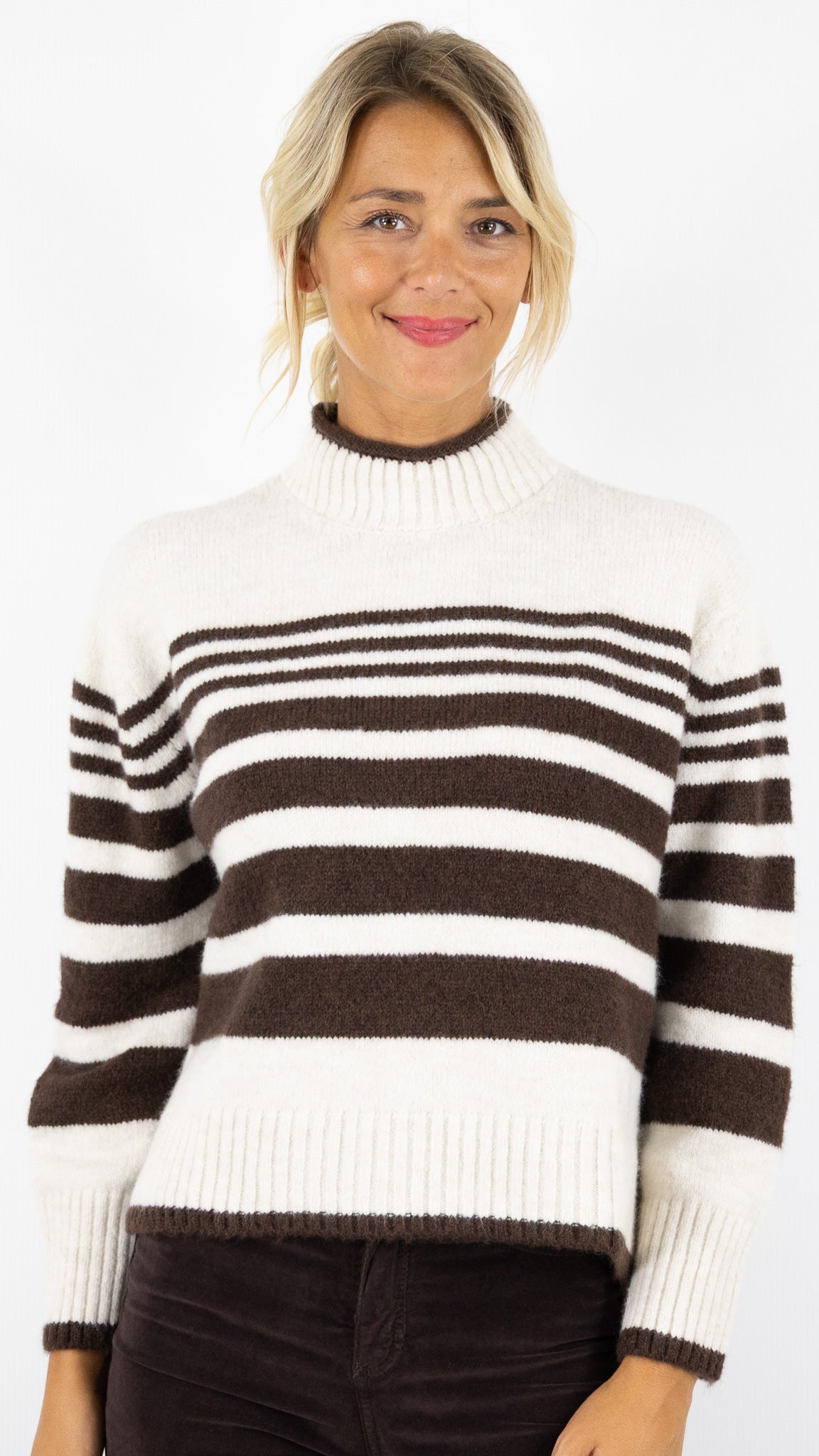PULL col cheminée raye pour femme AN'GE LERONI#COLOR_RAYE CHOCOLAT