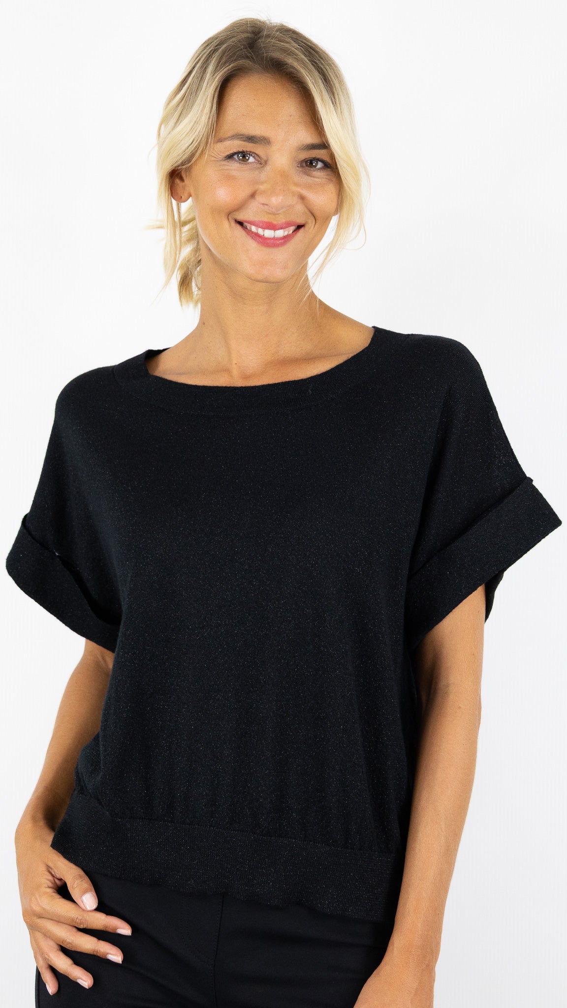 PULL LAME COL ROND MANCHES COURTES POUR FEMME AN'GE LESALOME#COLOR_NOIR