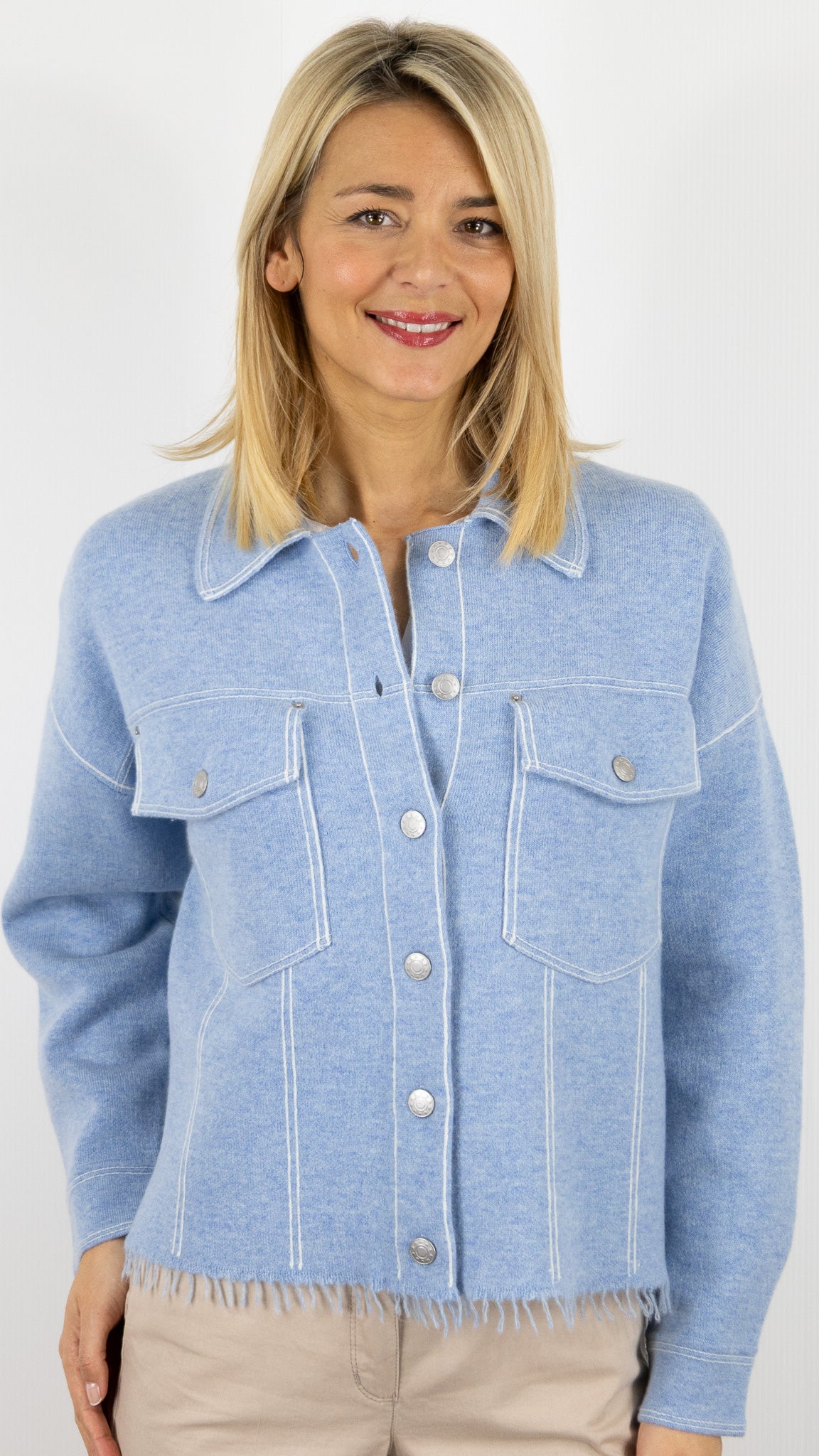 BLOUSON COL POLO EN CACHEMIRE POUR FEMME DENIM CIEL NOT SHY LEVO