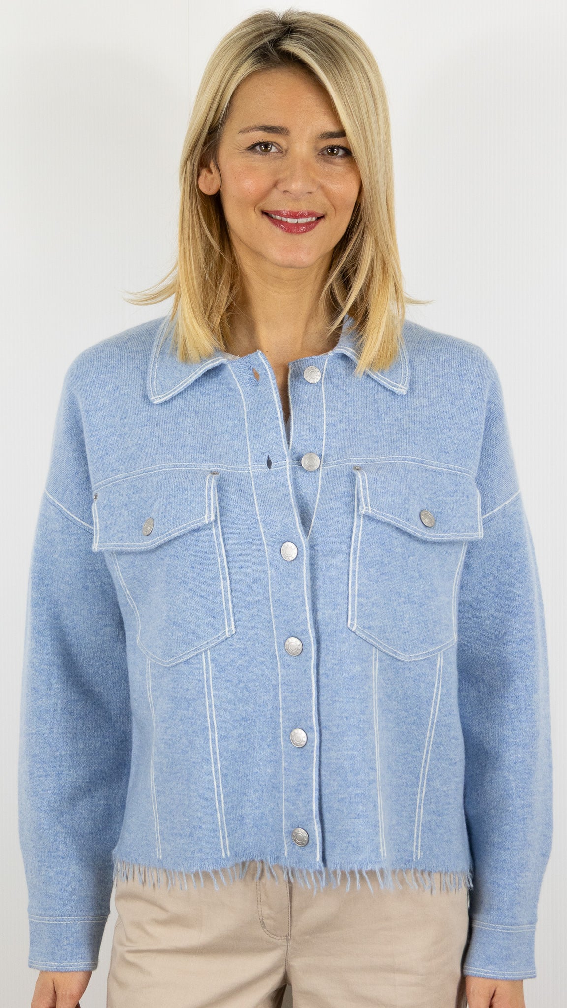 BLOUSON COL POLO EN CACHEMIRE POUR FEMME DENIM CIEL NOT SHY LEVO