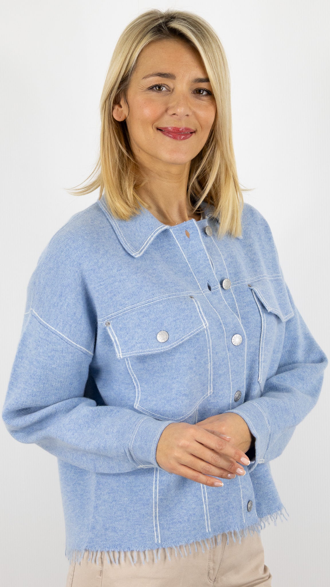 BLOUSON COL POLO EN CACHEMIRE POUR FEMME DENIM CIEL NOT SHY LEVO