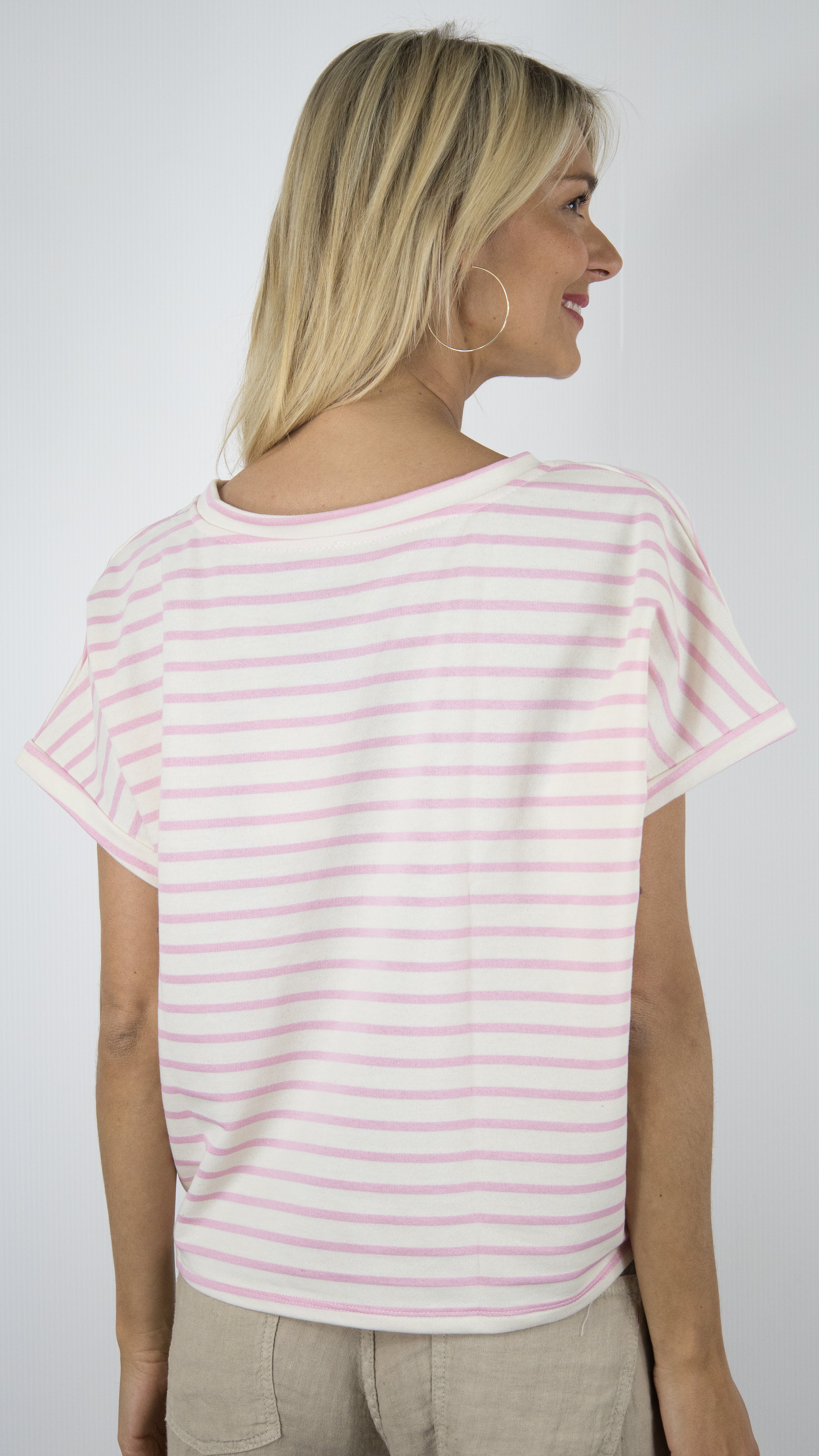 TEE-SHIRT RAYE MANCHES COURTES 100% COTON LUK AP LK7786 VTM1#COLOR_ROSE