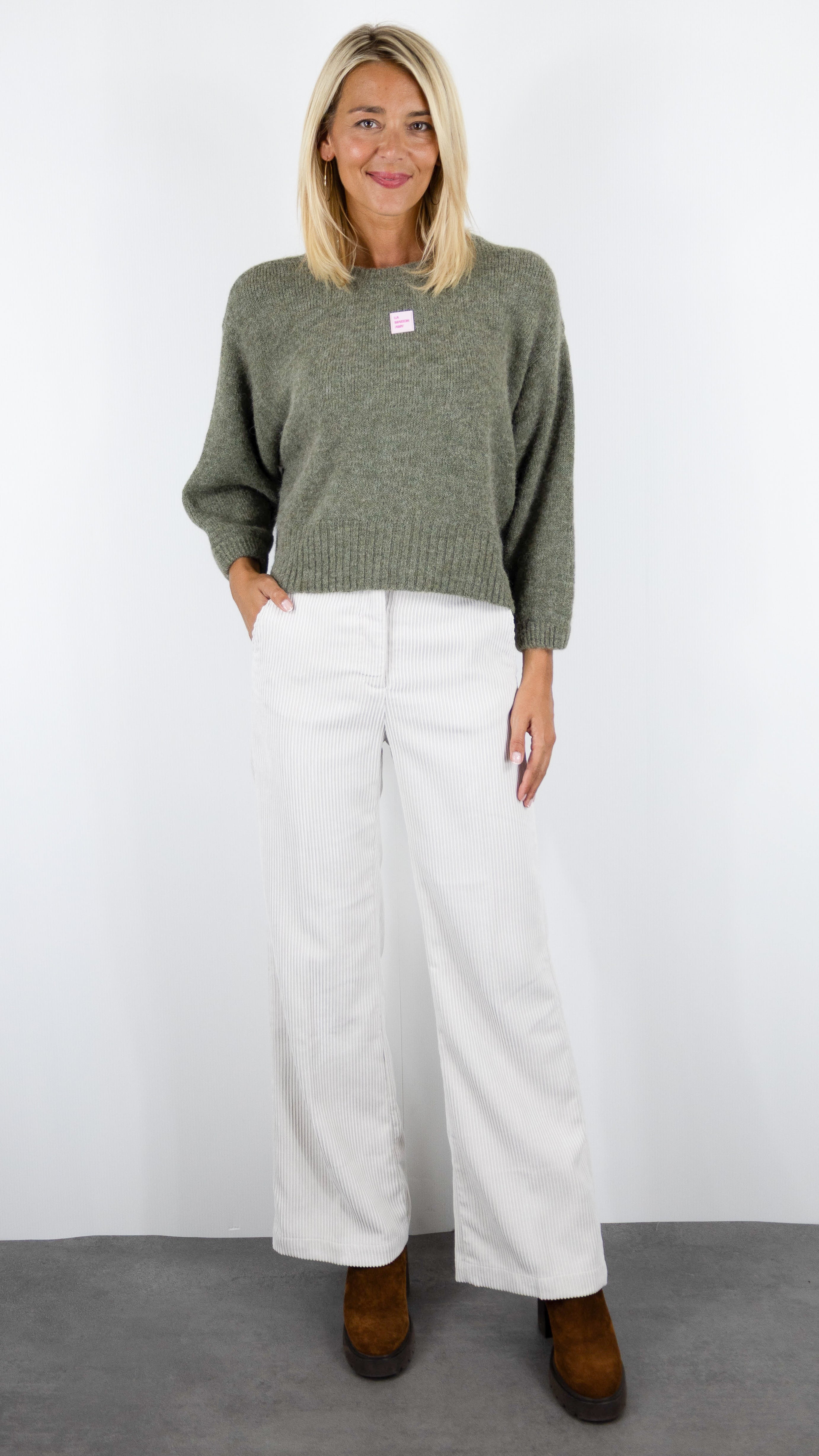 PULL AMPLE COL ROND MAILLE EPAISSE POUR FEMME AMERICAN VINTAGE EAST#COLOR_LEZARD CHINE KAKI