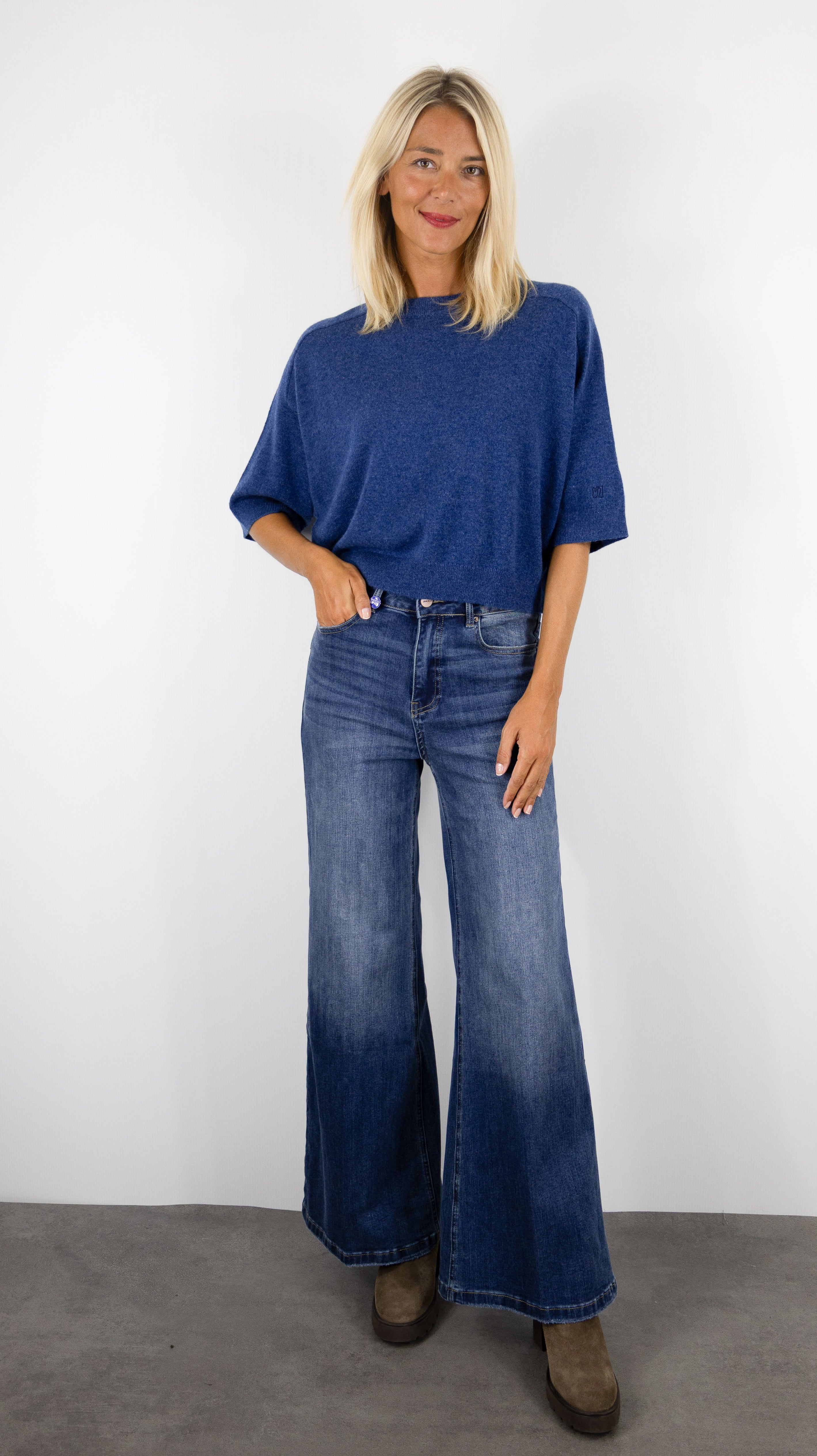 PULL COURT COL ROND MANCHES COURTES FEMME LILOU NOTSHY#COLOR_ENCRE/INDIGO