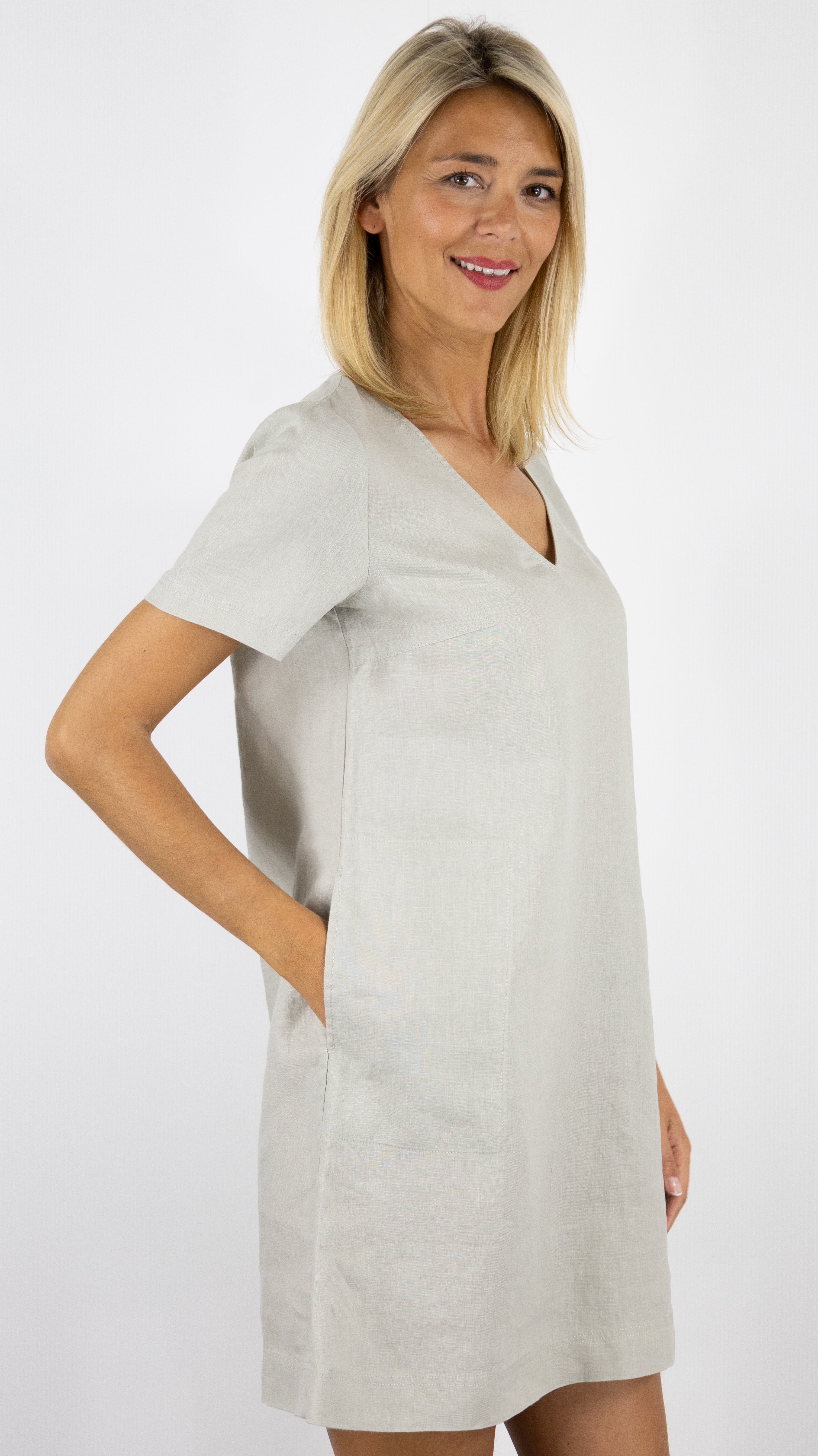 ROBE EN LIN MANCHES COURTES BENSIMON MARTINE#COLOR_CHANVRE/GREIGE