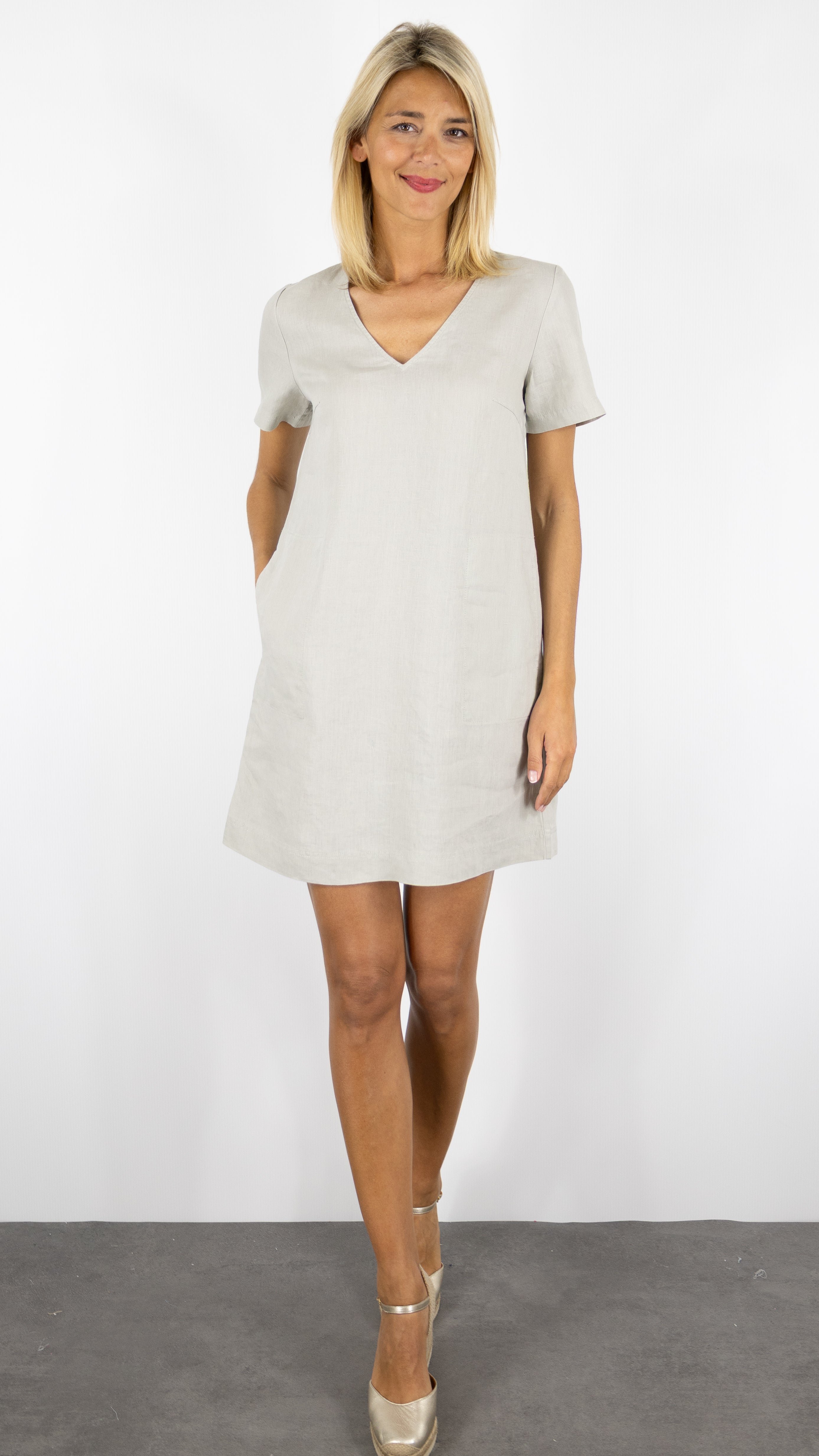 ROBE EN LIN MANCHES COURTES BENSIMON MARTINE#COLOR_CHANVRE/GREIGE