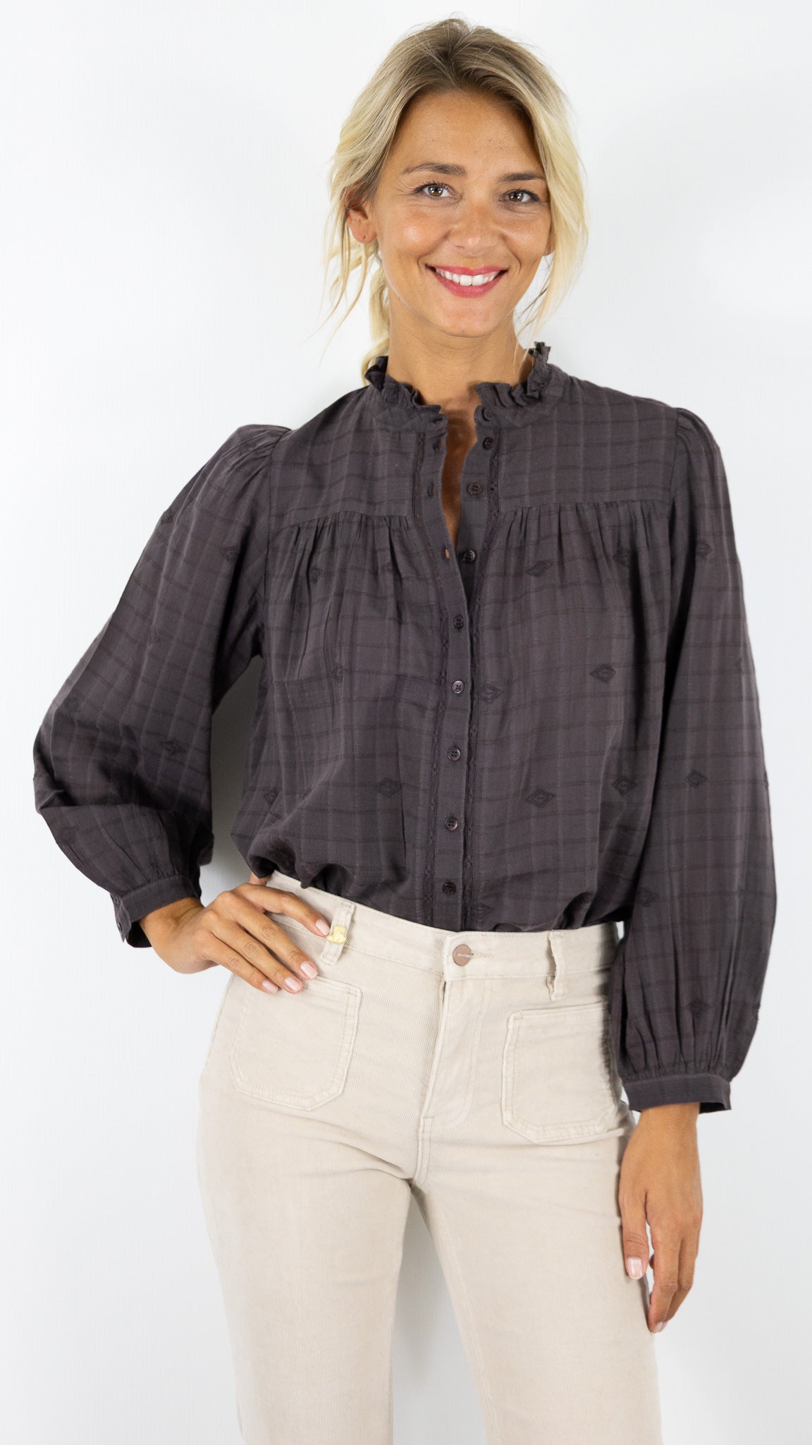 BLOUSE FLUIDE AMPLE A CARREAUX BA&SH MELODY#COLOR_CHOCOLAT