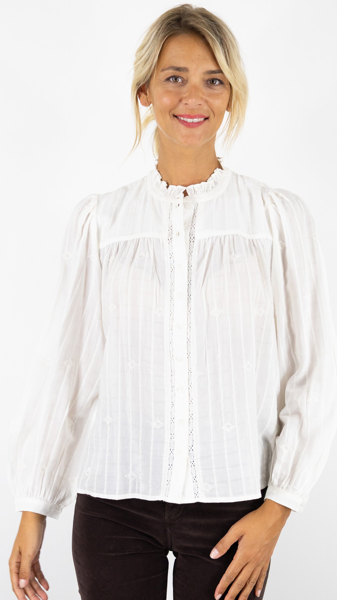 BLOUSE FLUIDE AMPLE A CARREAUX BA&SH MELODY#COLOR_ECRU