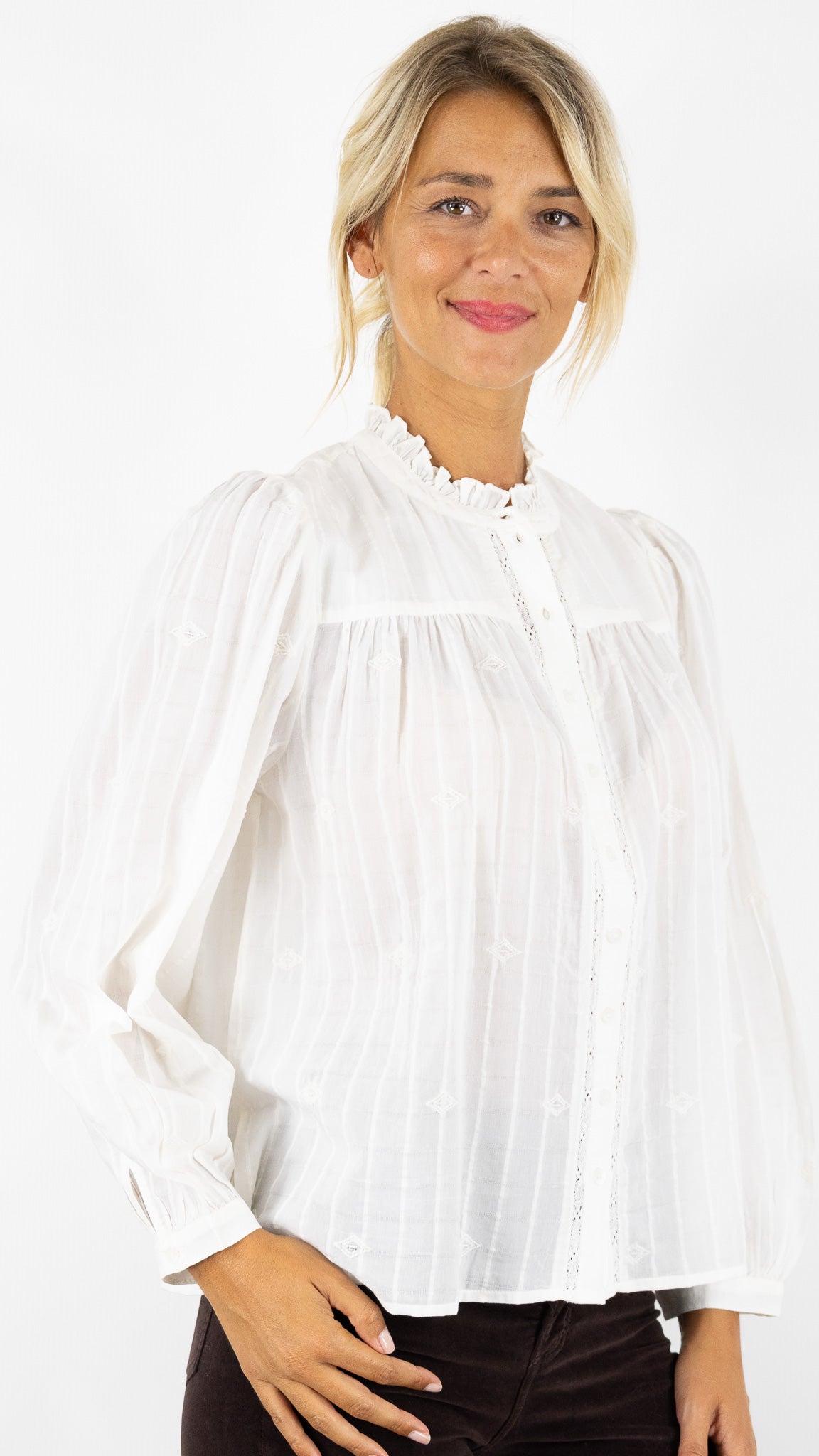 BLOUSE FLUIDE AMPLE A CARREAUX BA&SH MELODY#COLOR_ECRU