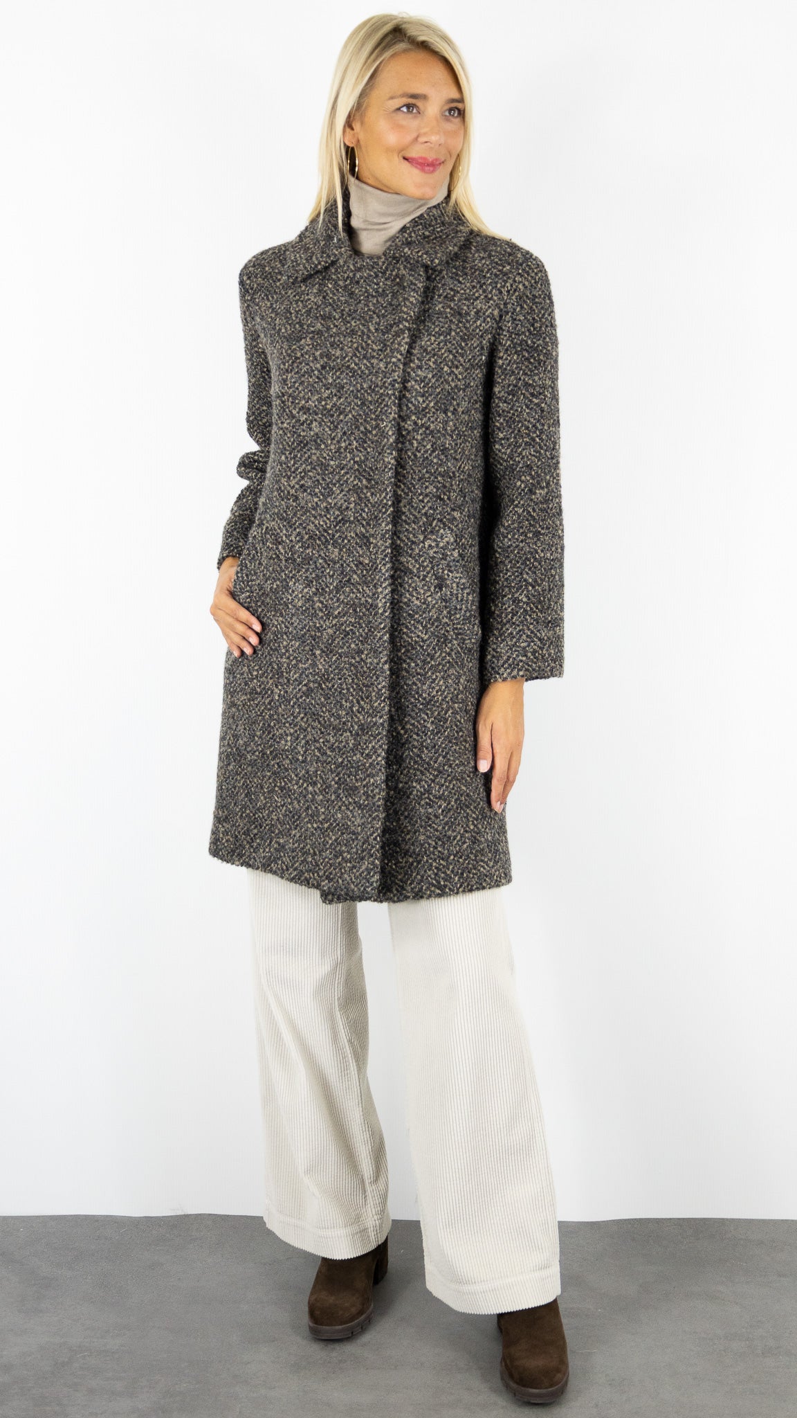 MANTEAU A CHEVRONS MAILLE BOUCLETTE MARRON FEMME PABLO MIRTHA