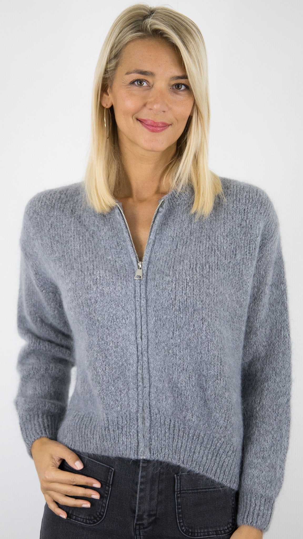 GILET ZIPPE EN MOHAIR POUR FEMME NAIS MN11005S#COLOR_GRIS