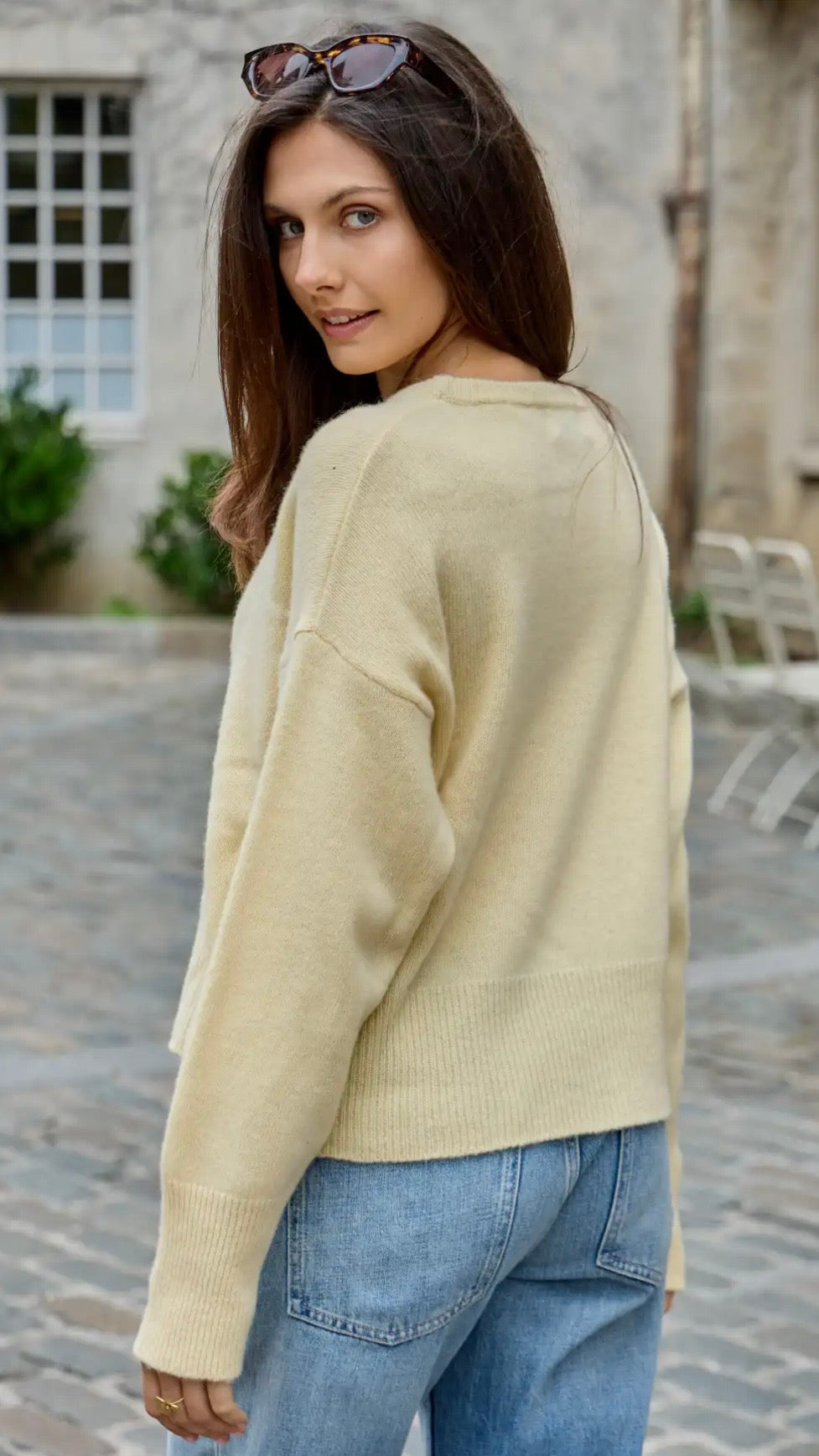 PULL V MANCHES COURTES EN LAINE MERINOS POUR FEMME NAIS MN12308#COLOR_JAUNE